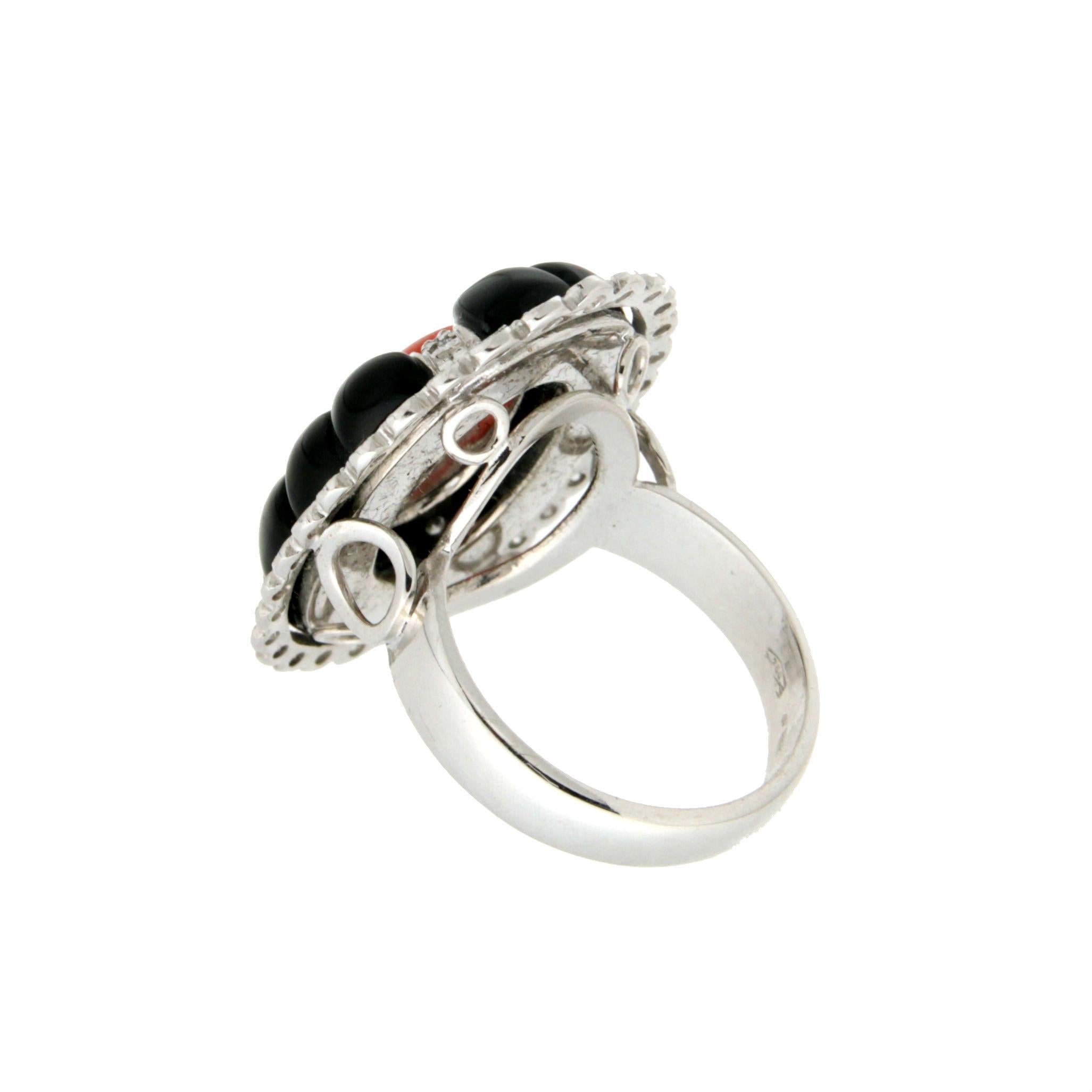 Handcraft Coral 18 Karat White Gold Onyx Diamonds Cocktail Ring For Sale 1
