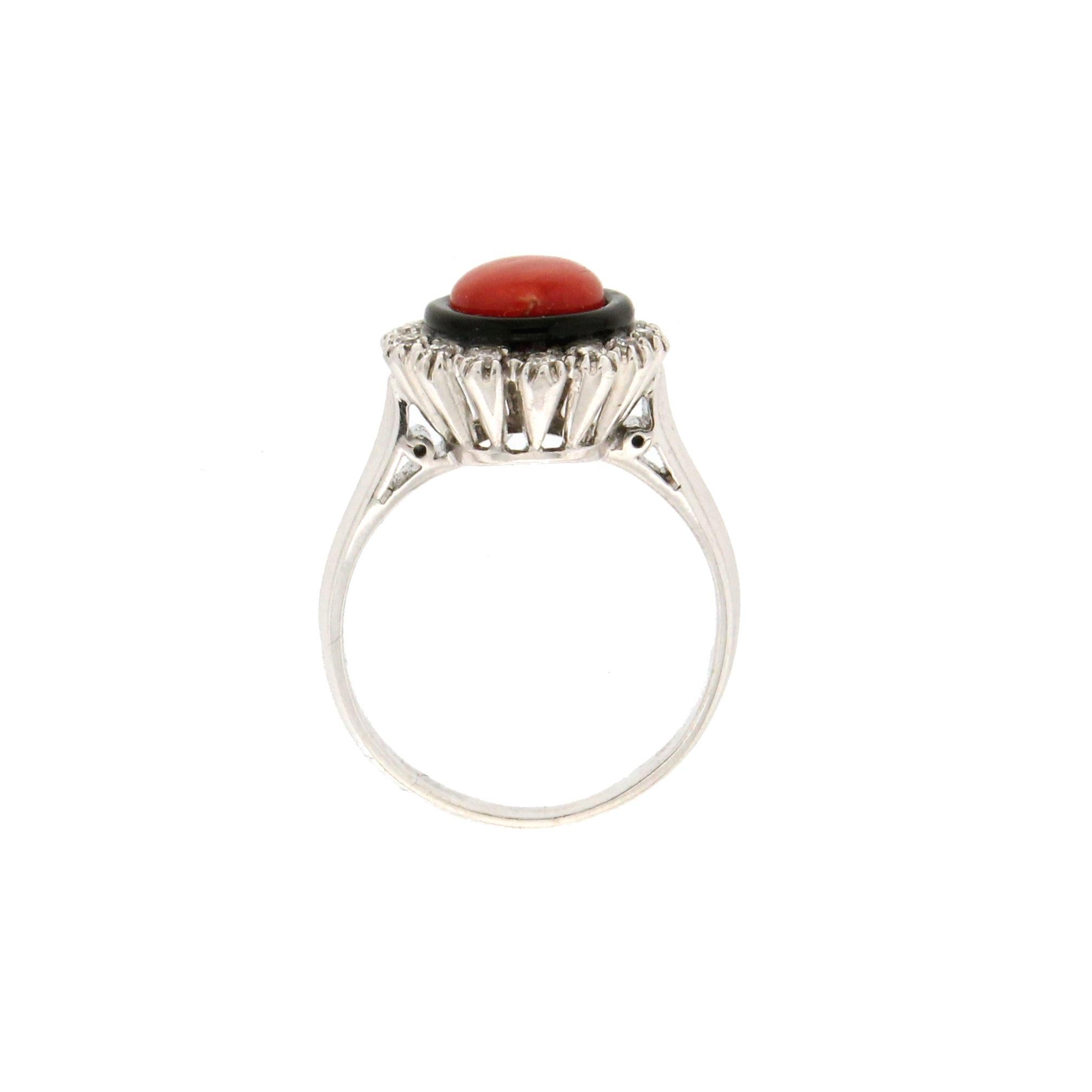 Handcraft Coral 18 Karat White Gold Onyx Diamonds Cocktail Ring For Sale 1