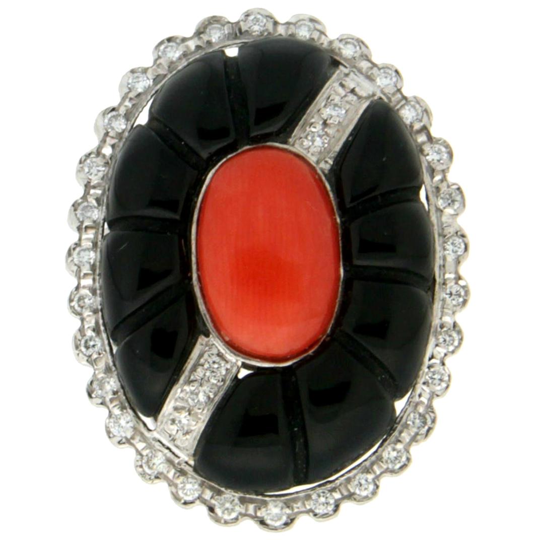 Handcraft Coral 18 Karat White Gold Onyx Diamonds Cocktail Ring For Sale