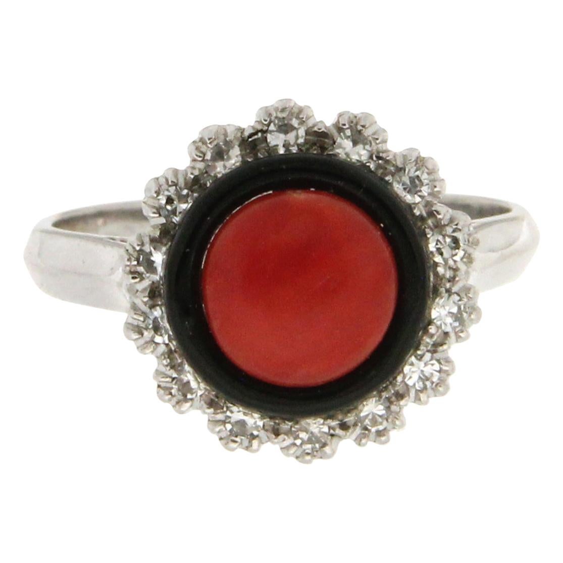 Handcraft Coral 18 Karat White Gold Onyx Diamonds Cocktail Ring For Sale