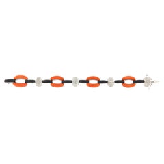 Contemporary Coral, Onyx and Diamond Link Bracelet in 18kt White Gold