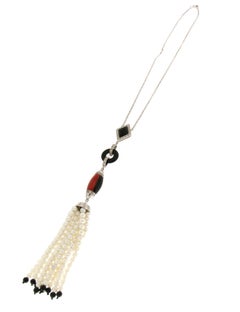 Handcraft Coral 18 Karat White Gold Onyx Diamonds Pearls Pendant Necklace