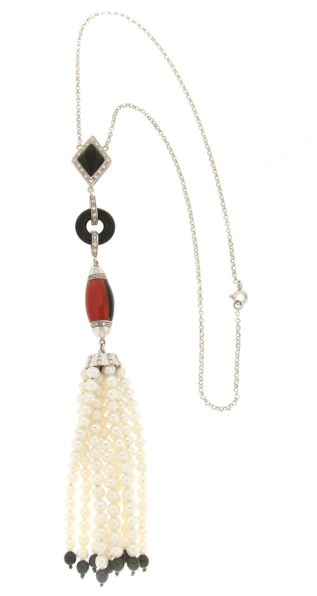 Brilliant Cut Handcraft Coral 18 Karat White Gold Onyx Diamonds Pearls Pendant Necklace For Sale