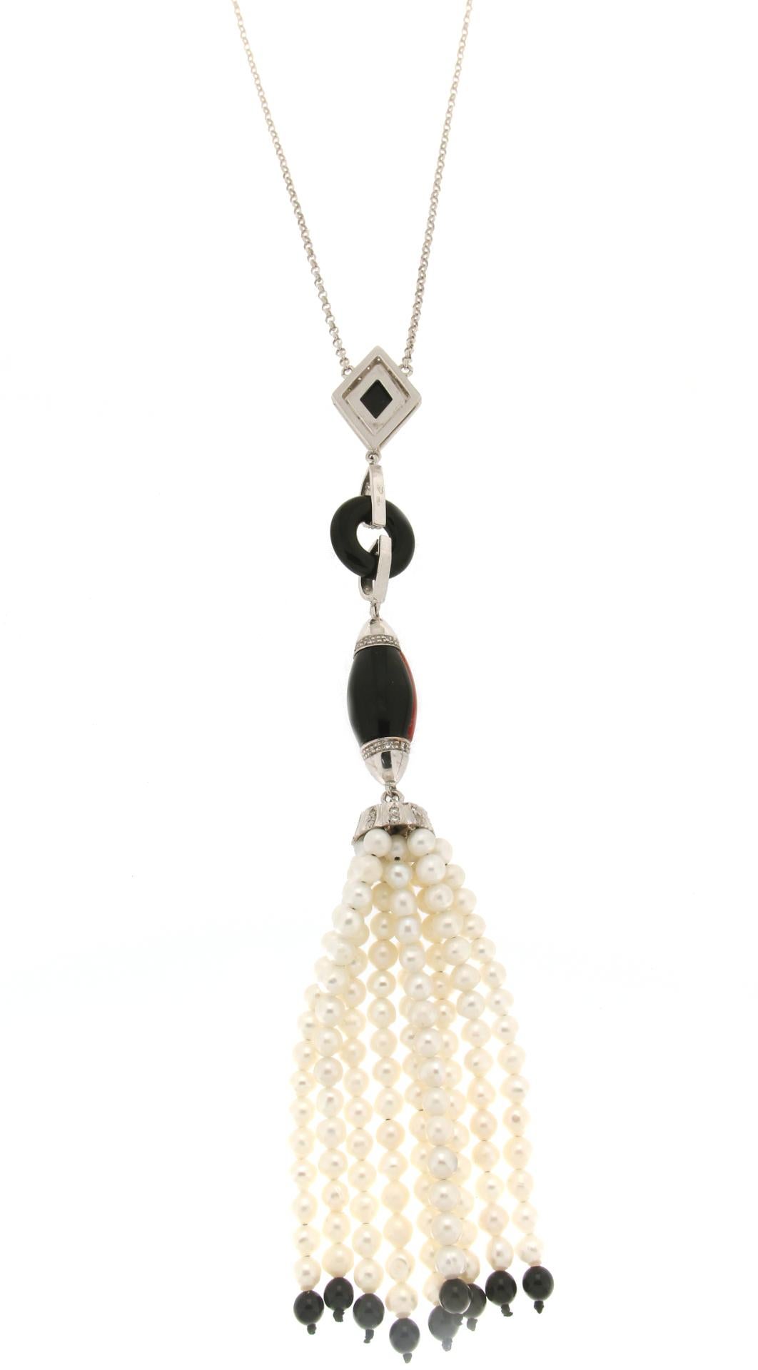 Handcraft Coral 18 Karat White Gold Onyx Diamonds Pearls Pendant Necklace In New Condition For Sale In Marcianise, IT