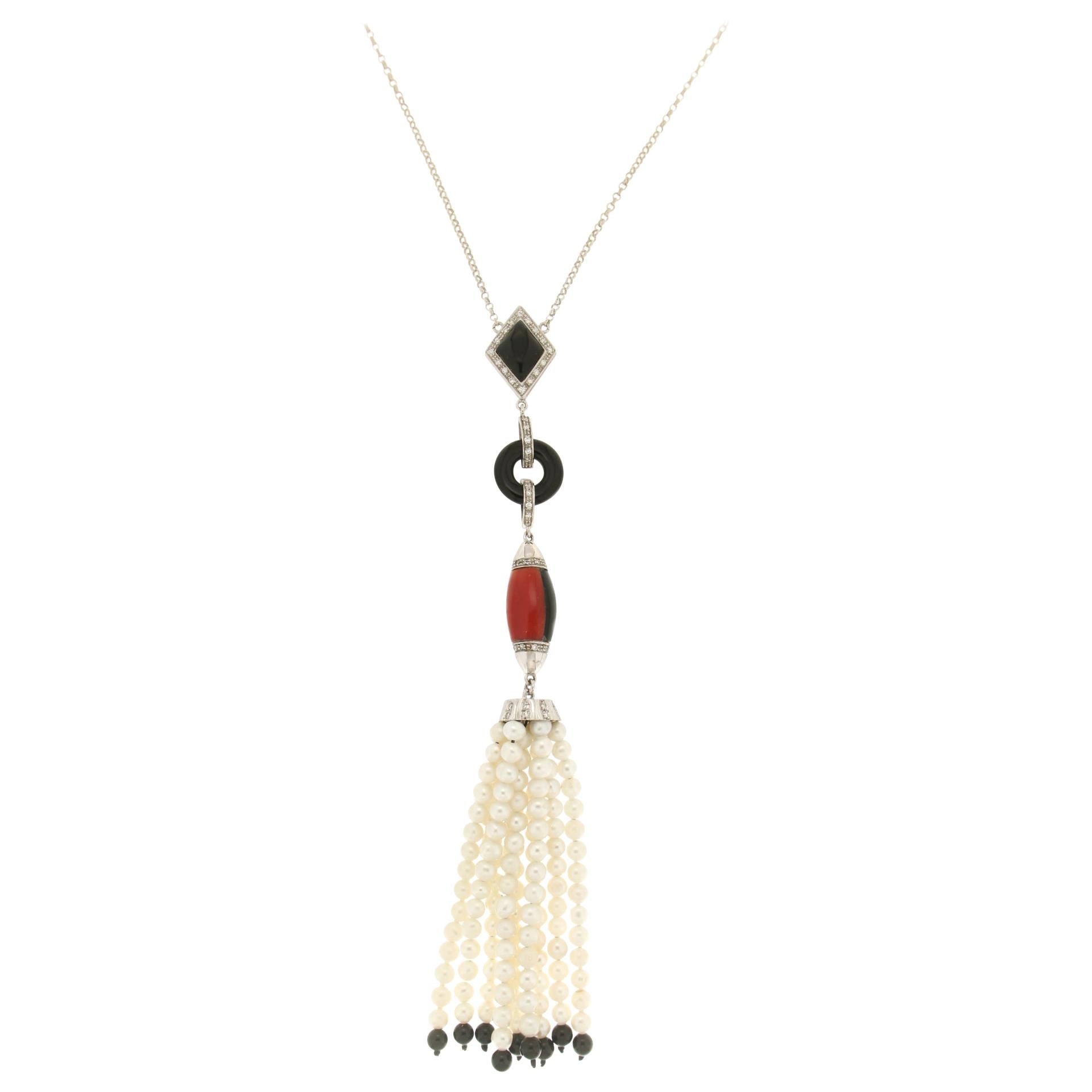 Handcraft Coral 18 Karat White Gold Onyx Diamonds Pearls Pendant Necklace For Sale