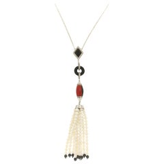 Handgefertigte Halskette, Koralle 18 Karat Weißgold Onyx Diamanten Perlen Anhänger