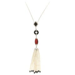 Handcraft Coral 18 Karat White Gold Onyx Diamonds Pearls Pendant Necklace