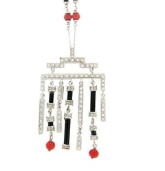 Handcraft Coral 18 Karat White Gold Onyx Diamonds Pendant Necklace