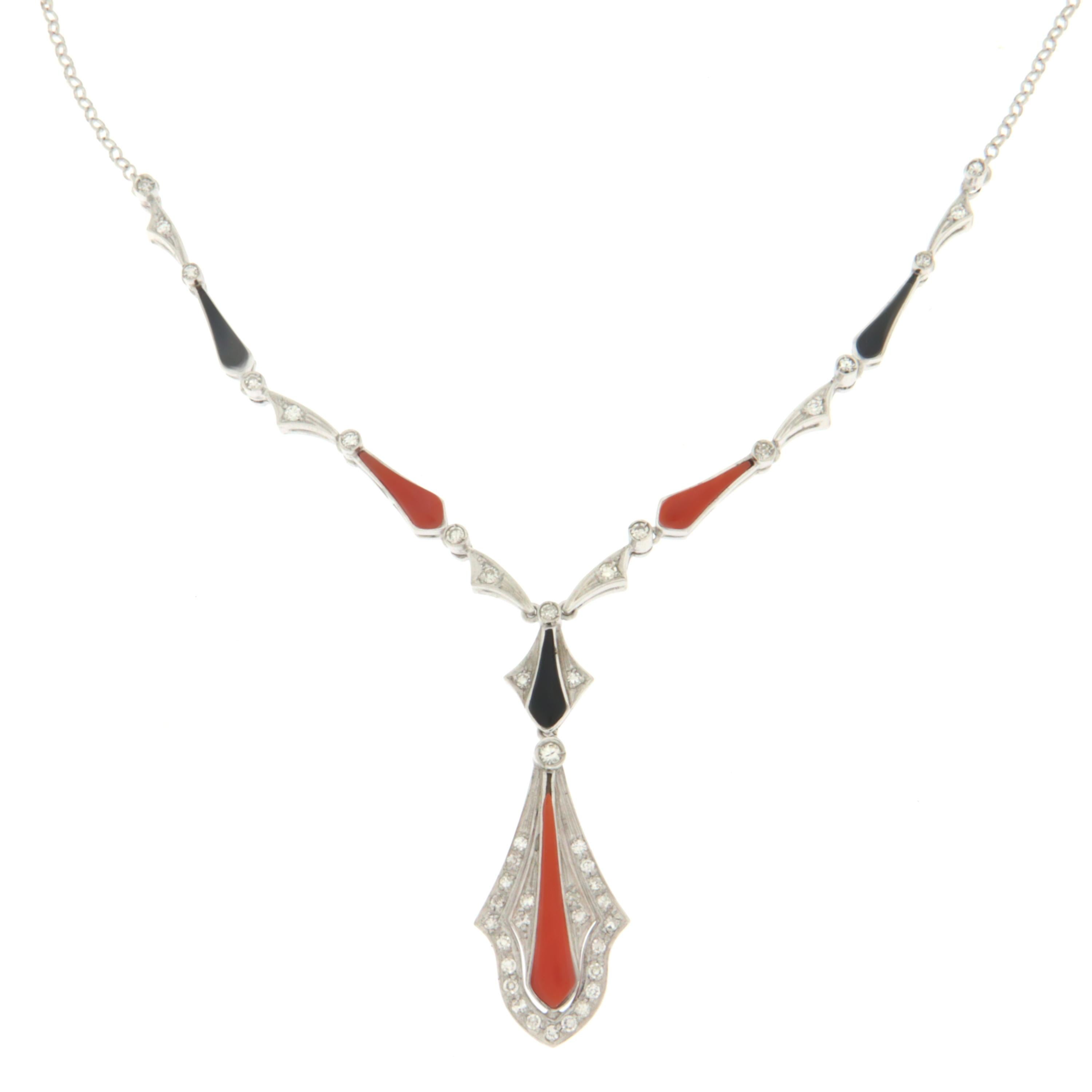 Women's Handcraft Coral 18 Karat White Gold Onyx Diamonds Pendant Necklace For Sale