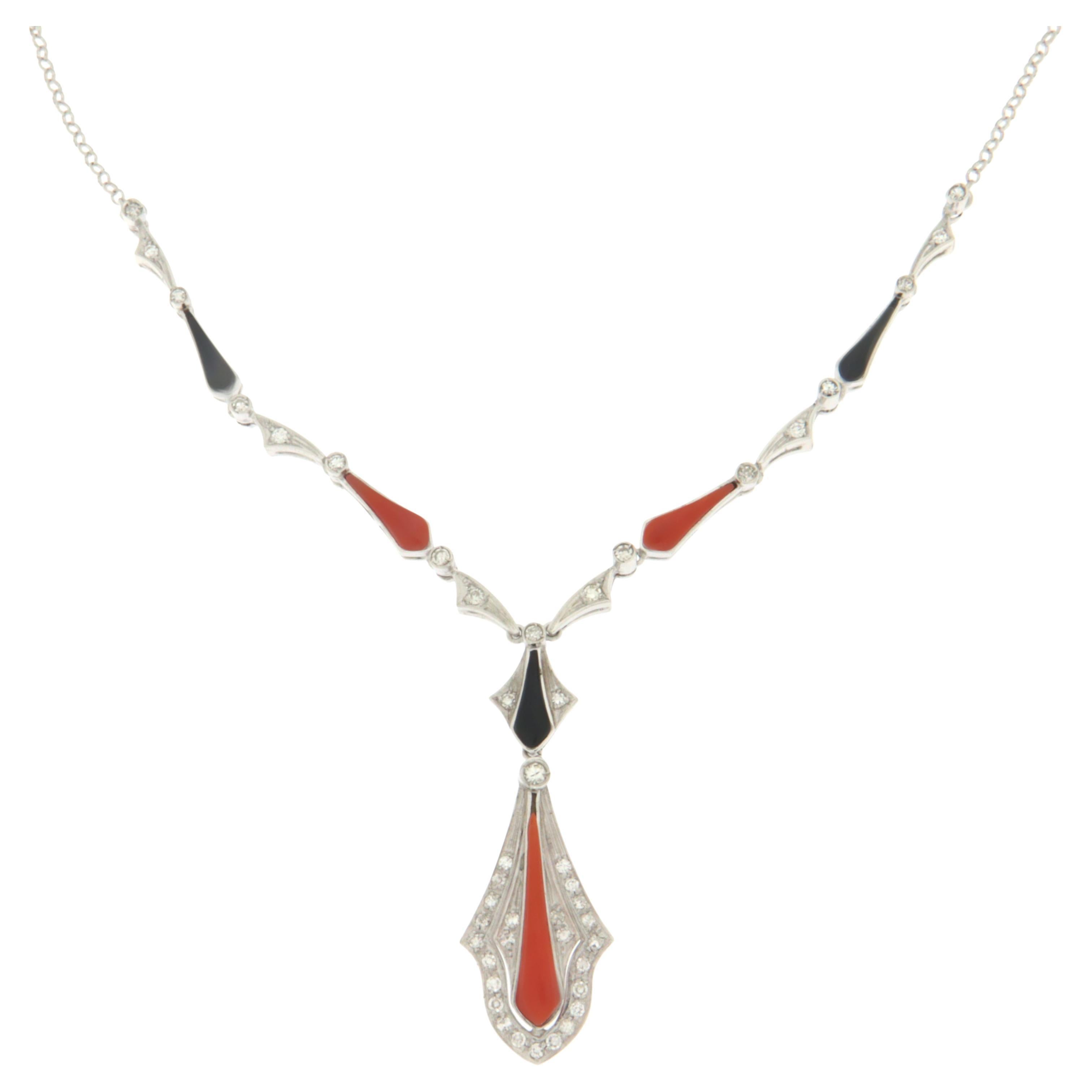Handcraft Coral 18 Karat White Gold Onyx Diamonds Pendant Necklace For Sale
