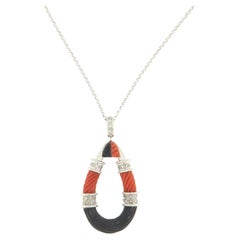  Coral Onyx Diamonds 18 Karat White Gold Pendant Necklace