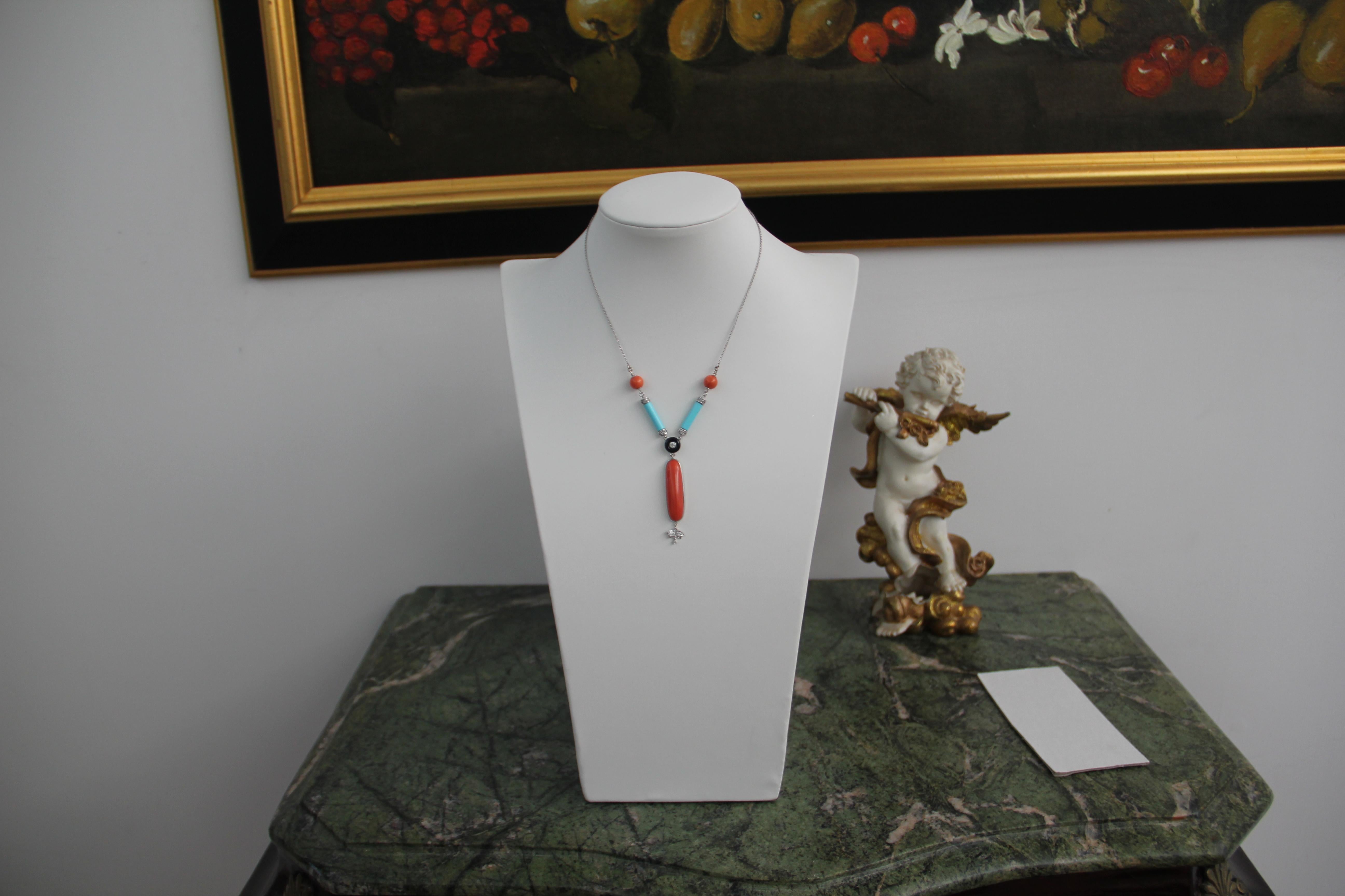 Handcraft Coral 18 Karat White Gold Onyx Turquoise Diamonds Pendant Necklace For Sale 1