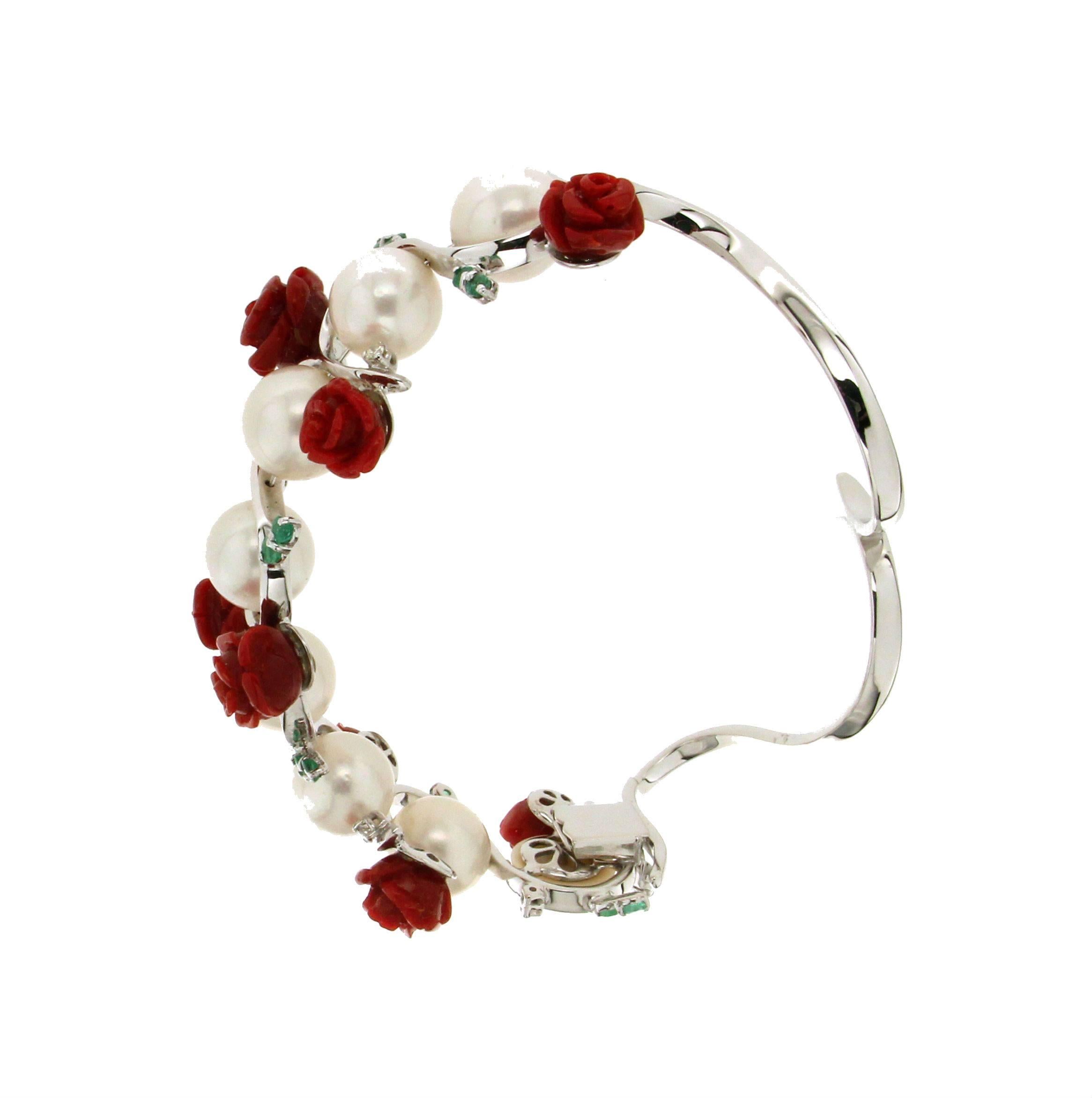 Artisan Handcraft Coral 18 Karat White Gold Pearls Diamonds Emeralds Cuff Bracelet For Sale