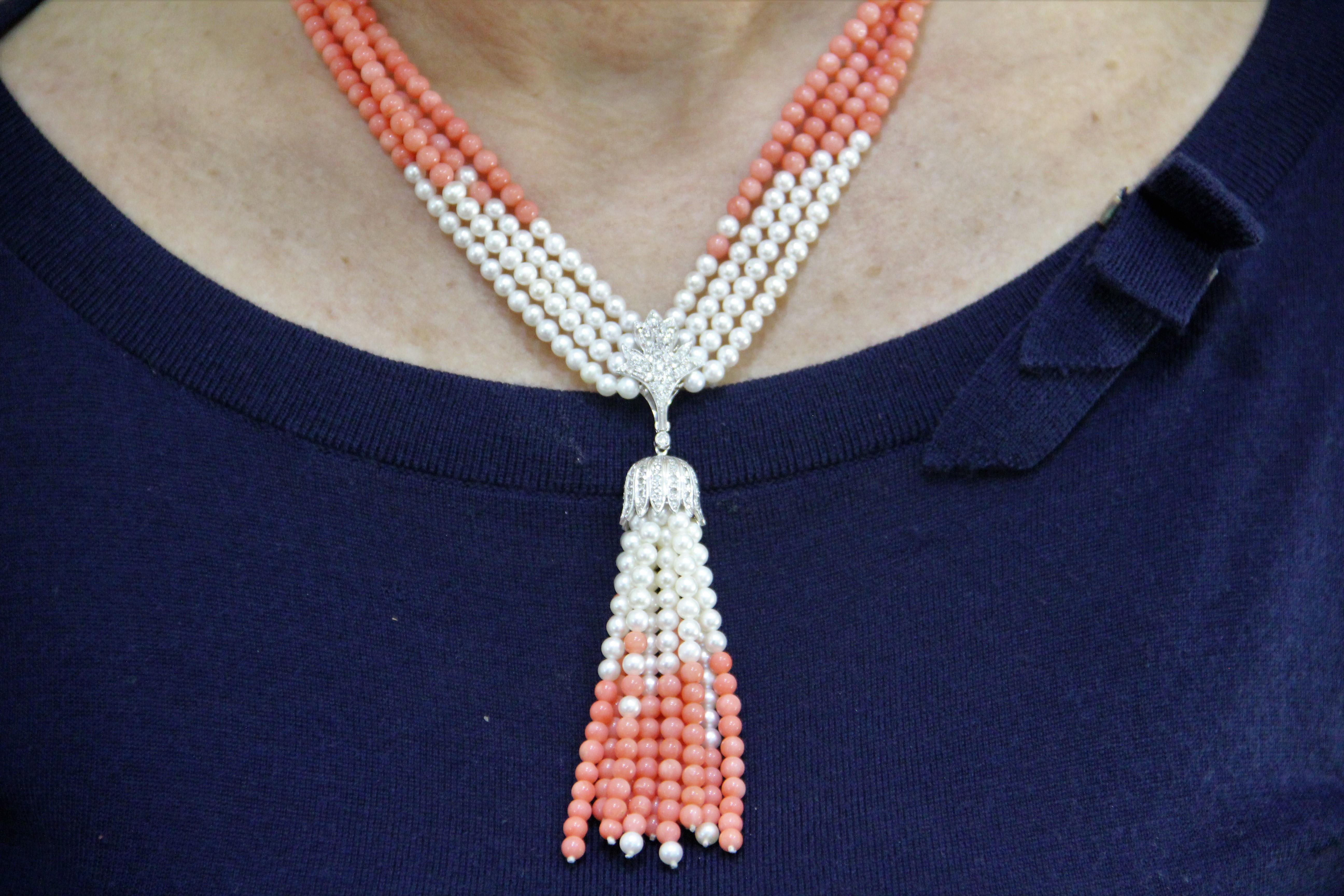 Handcraft Coral 18 Karat White Gold Pearls Diamonds Pendant Necklace For Sale 3