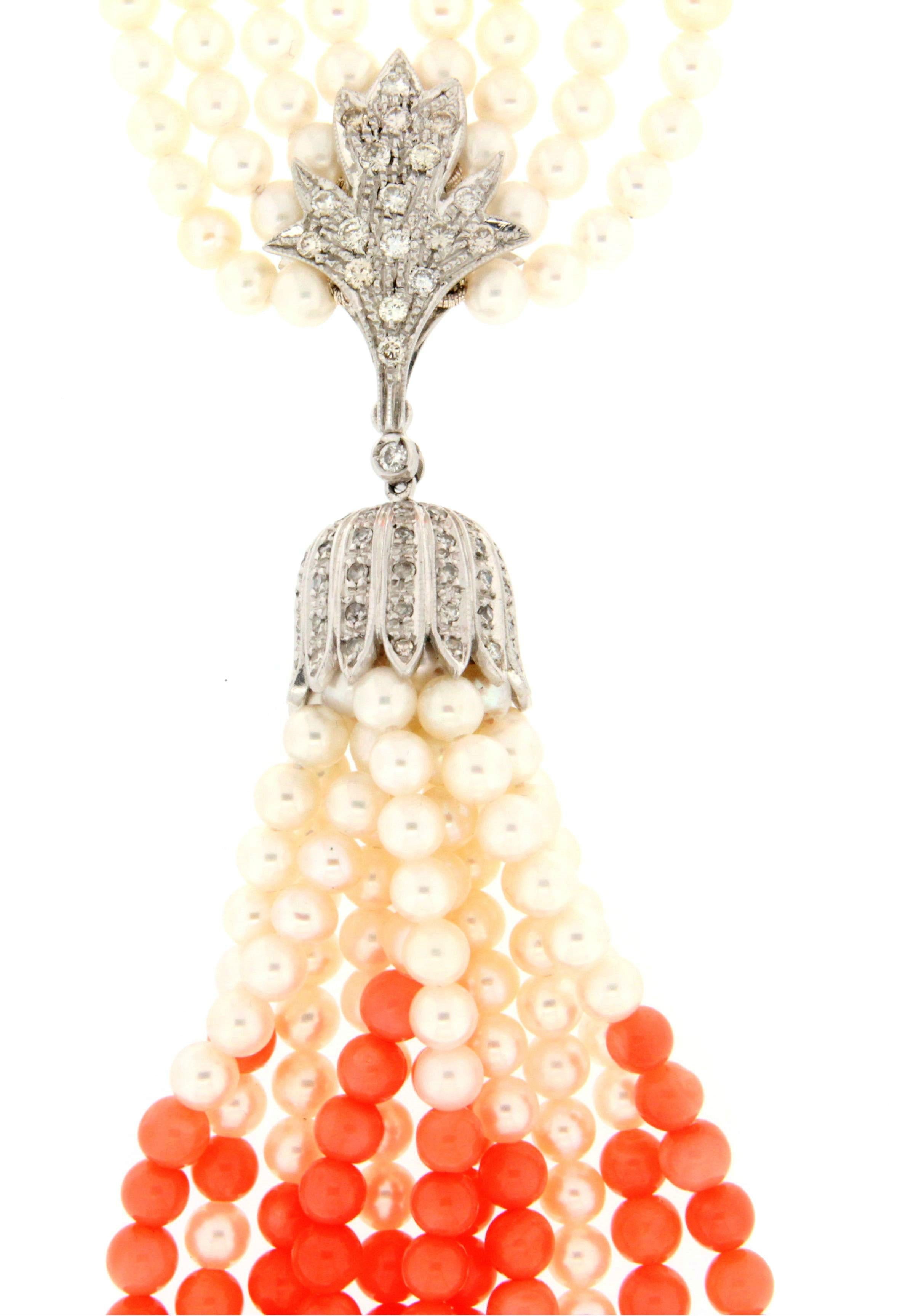 Artisan Handcraft Coral 18 Karat White Gold Pearls Diamonds Pendant Necklace For Sale