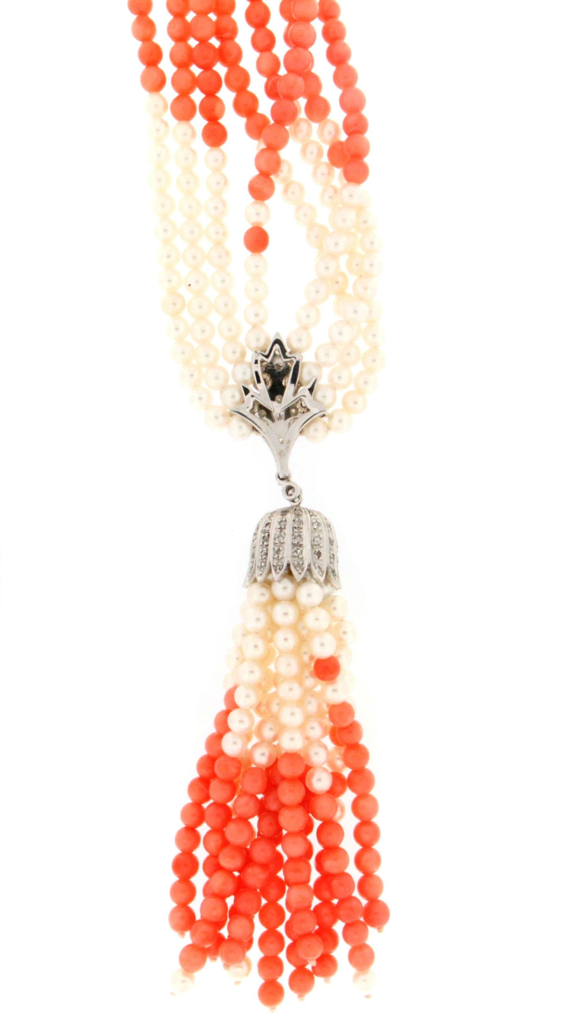 Bead Handcraft Coral 18 Karat White Gold Pearls Diamonds Pendant Necklace For Sale