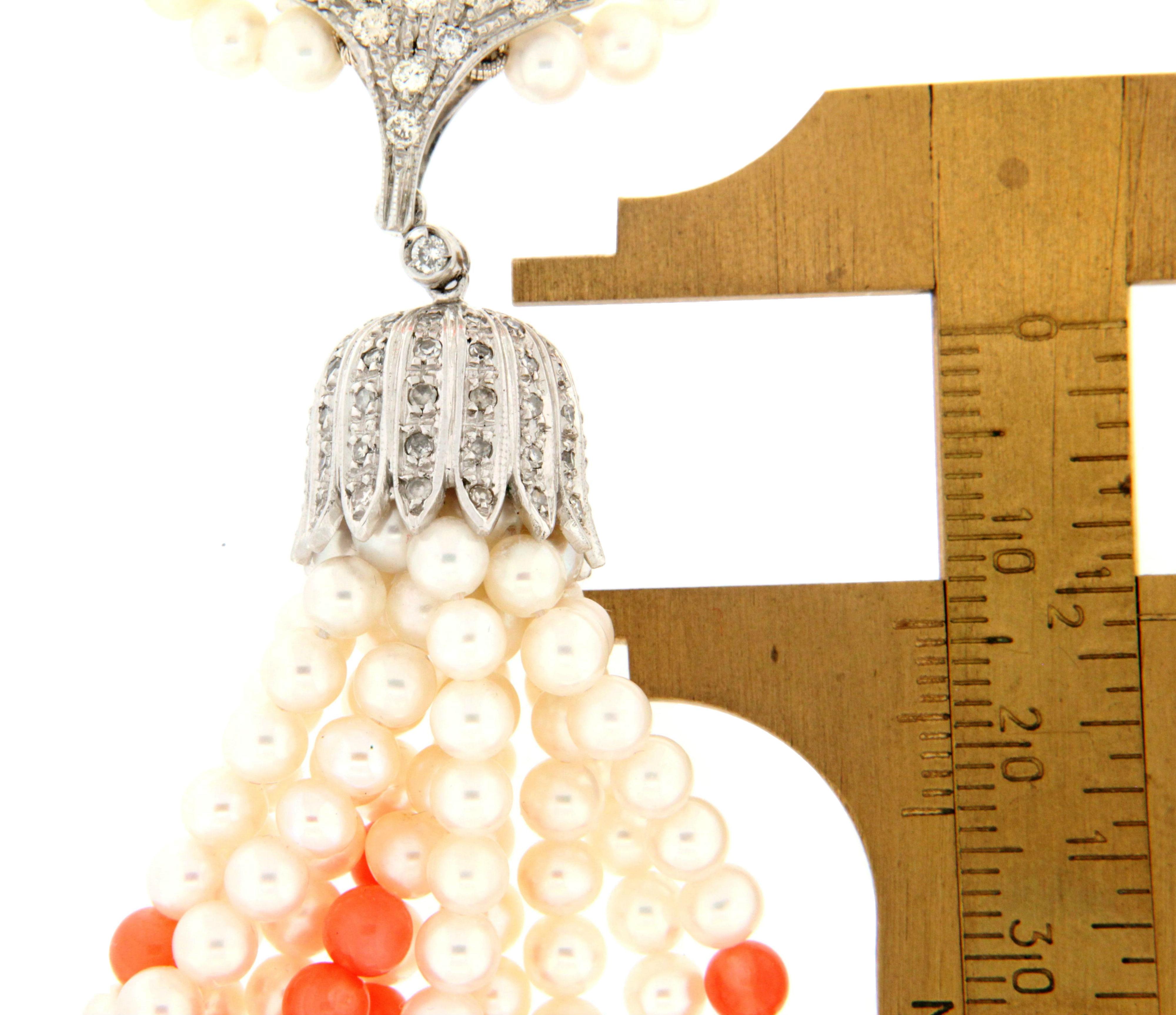 Handcraft Coral 18 Karat White Gold Pearls Diamonds Pendant Necklace For Sale 1