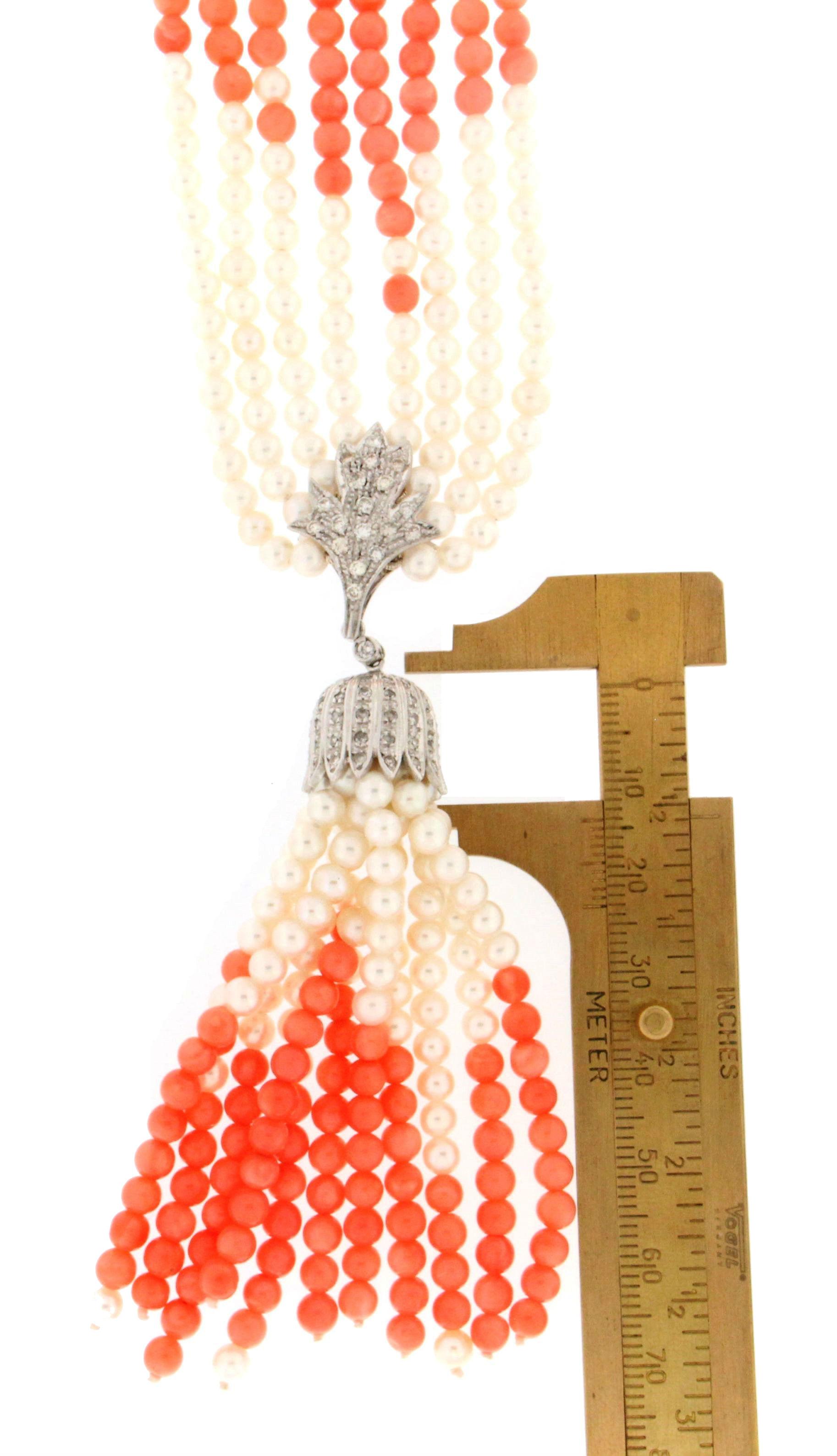 Handcraft Coral 18 Karat White Gold Pearls Diamonds Pendant Necklace For Sale 2