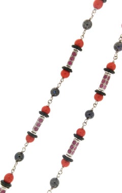 Handcraft Coral 18 Karat White Gold Ruby Black Opals Beaded Necklace