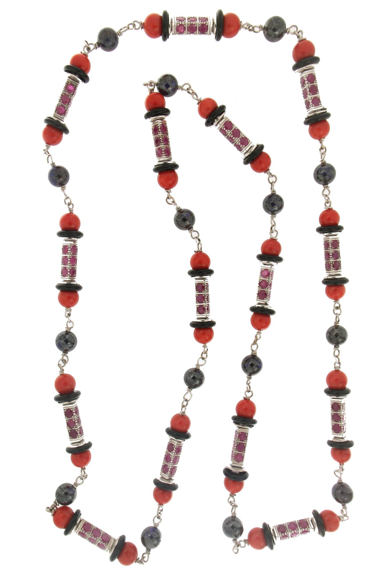 Handcraft Coral 18 Karat White Gold Ruby Black Opals Beaded Necklace For Sale 1