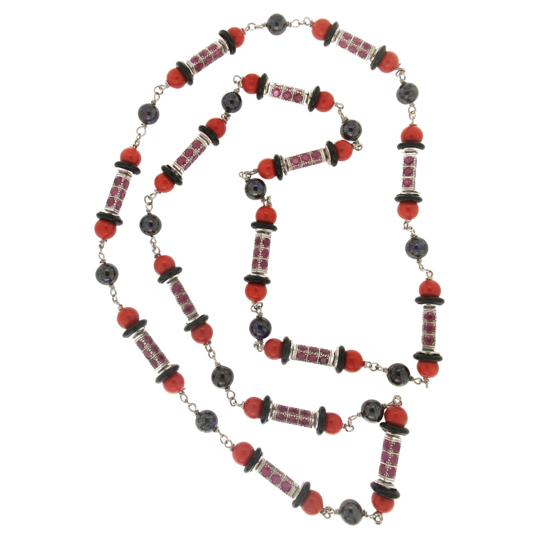 Handcraft Coral 18 Karat White Gold Ruby Black Opals Beaded Necklace For Sale
