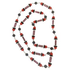 Handcraft Coral 18 Karat White Gold Ruby Black Opals Beaded Necklace