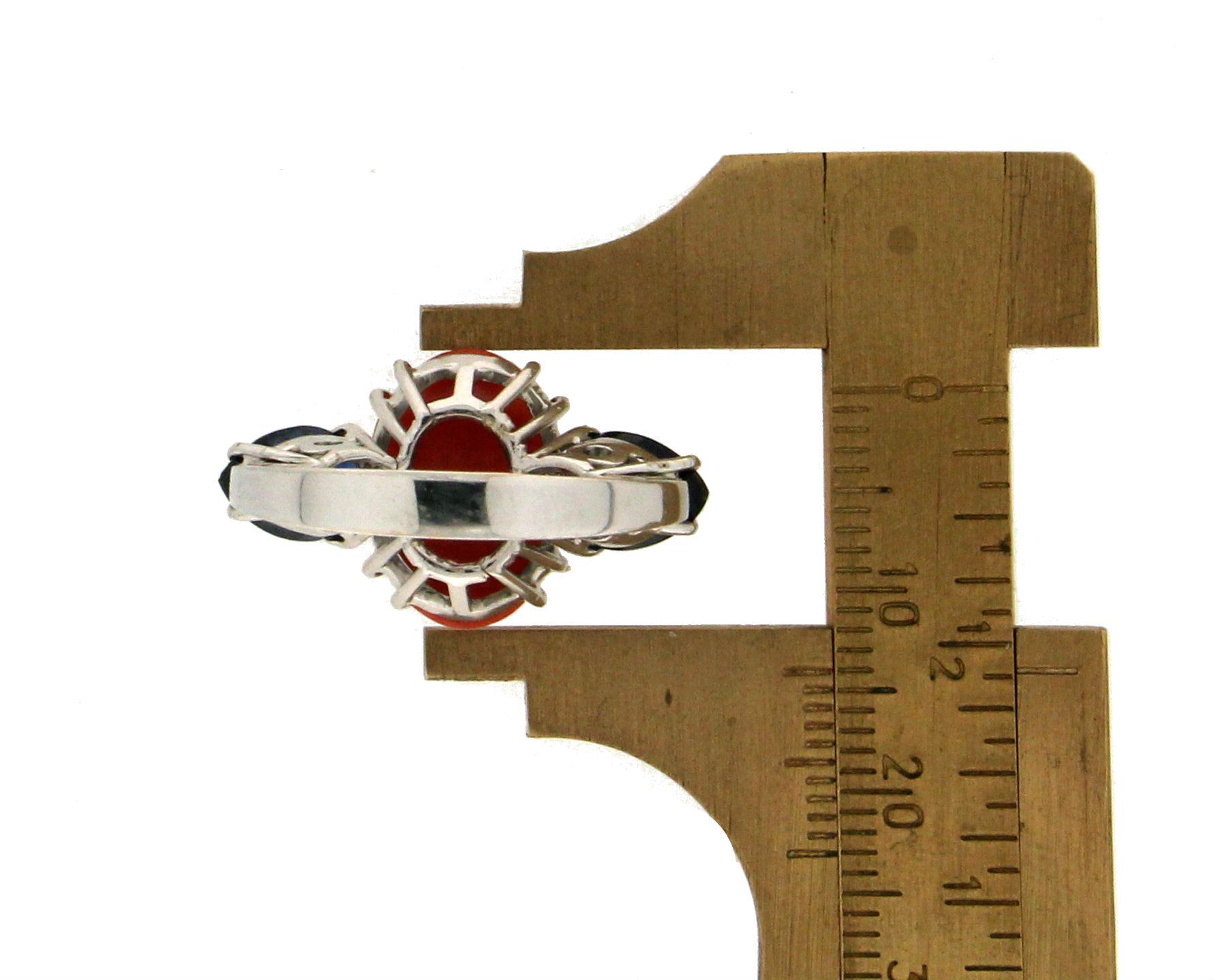 Handcraft Coral 18 Karat White Gold Sapphires Cocktail Ring For Sale 4