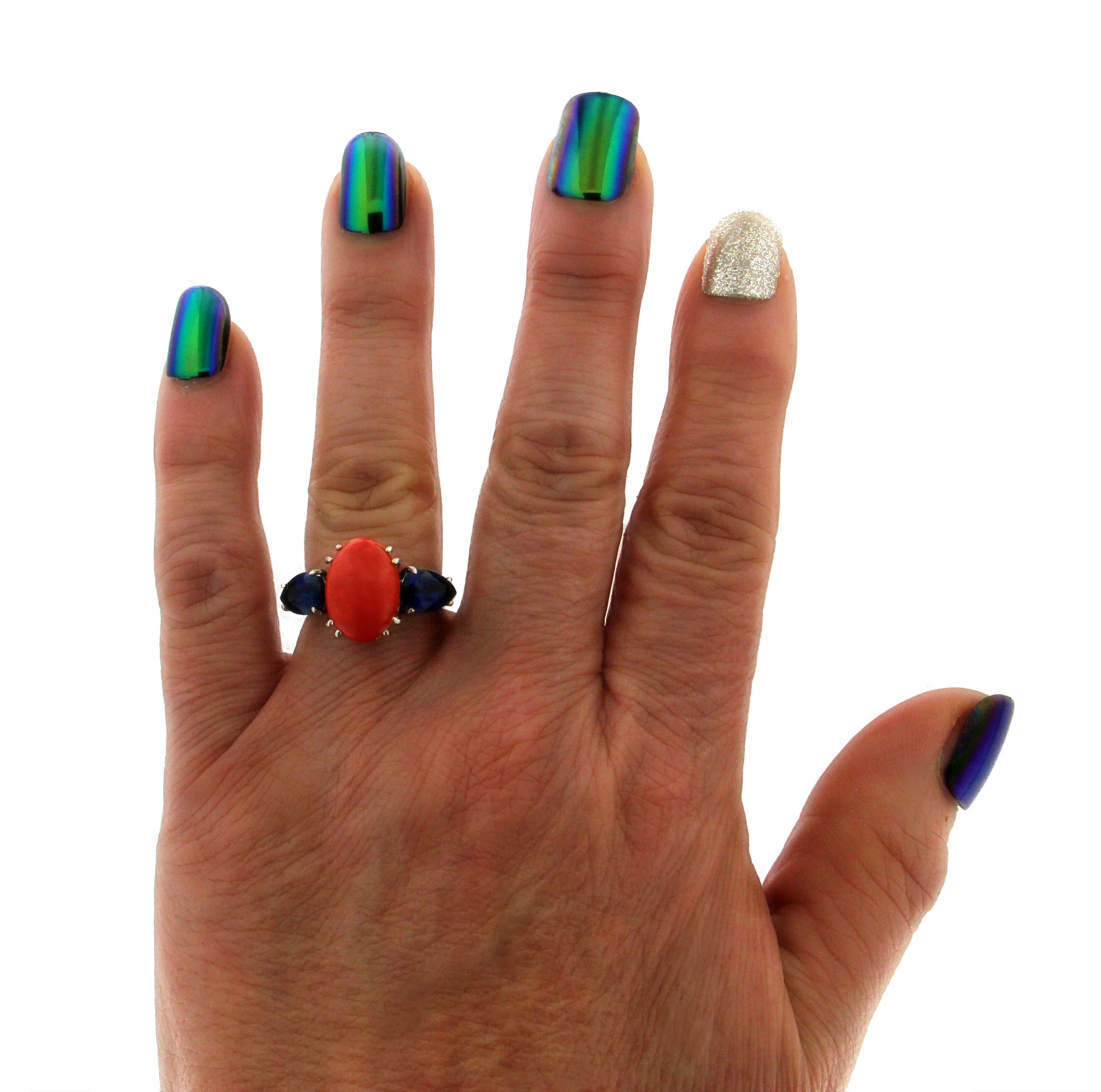 Handcraft Coral 18 Karat White Gold Sapphires Cocktail Ring For Sale 7