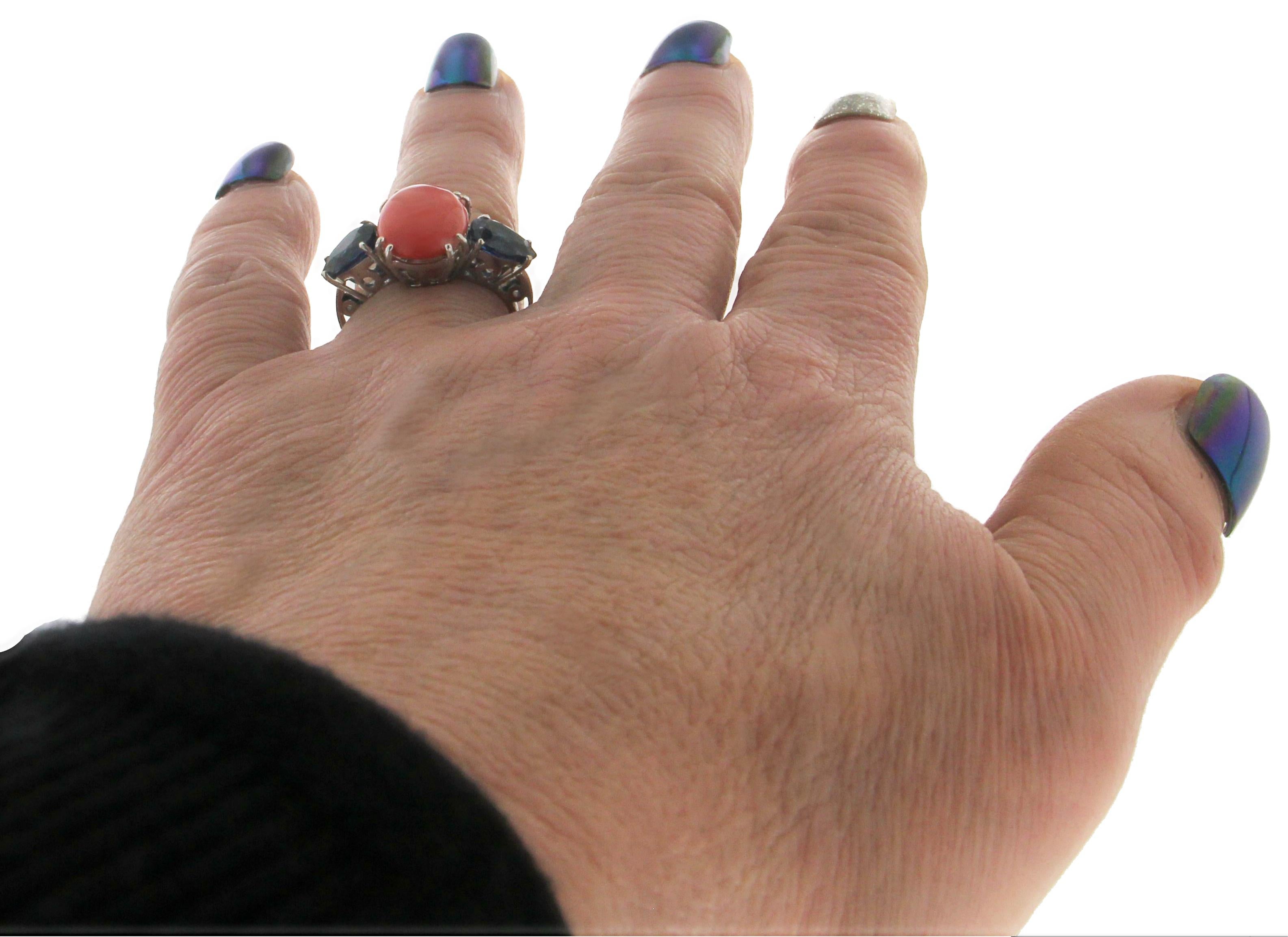 Handcraft Coral 18 Karat White Gold Sapphires Cocktail Ring For Sale 8