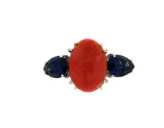 Handcraft Coral 18 Karat White Gold Sapphires Cocktail Ring