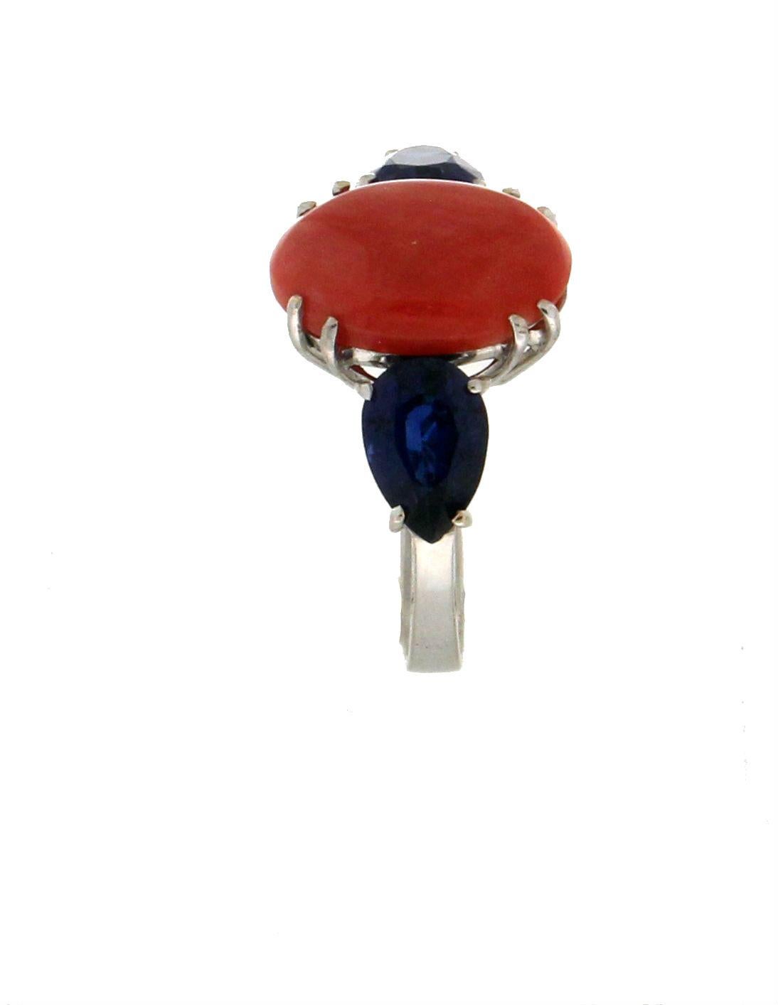 Mixed Cut Handcraft Coral 18 Karat White Gold Sapphires Cocktail Ring For Sale