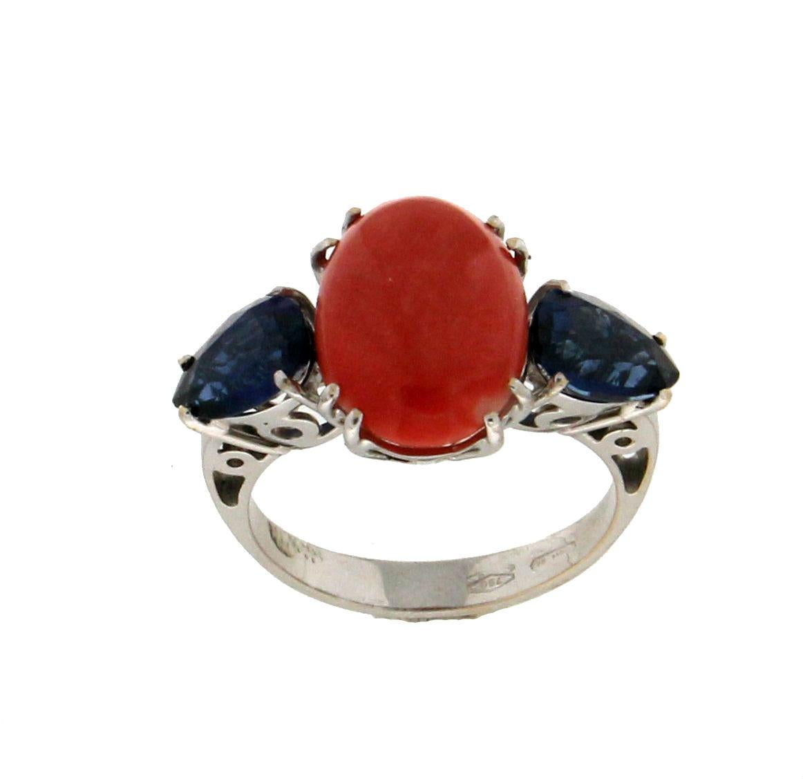 Women's or Men's Handcraft Coral 18 Karat White Gold Sapphires Cocktail Ring For Sale