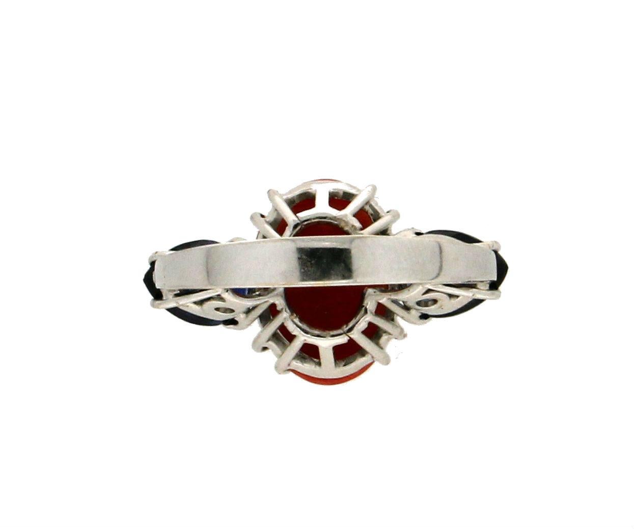 Handcraft Coral 18 Karat White Gold Sapphires Cocktail Ring For Sale 3