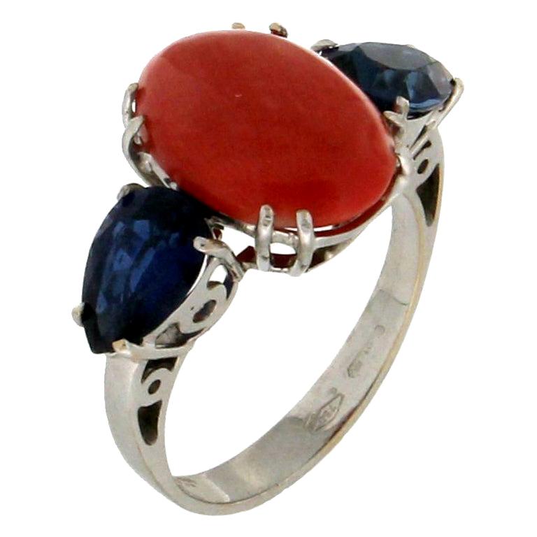 Handcraft Coral 18 Karat White Gold Sapphires Cocktail Ring For Sale