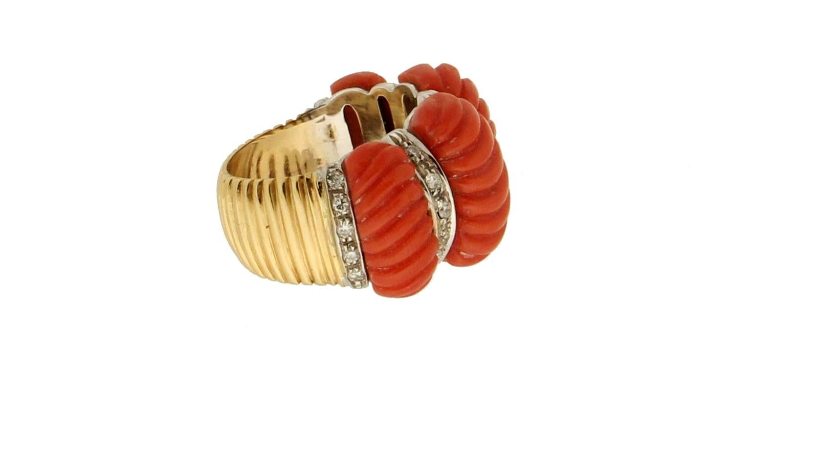 Artisan Handcraft Coral 18 Karat Yellow and White Gold Diamonds Cocktail Ring For Sale