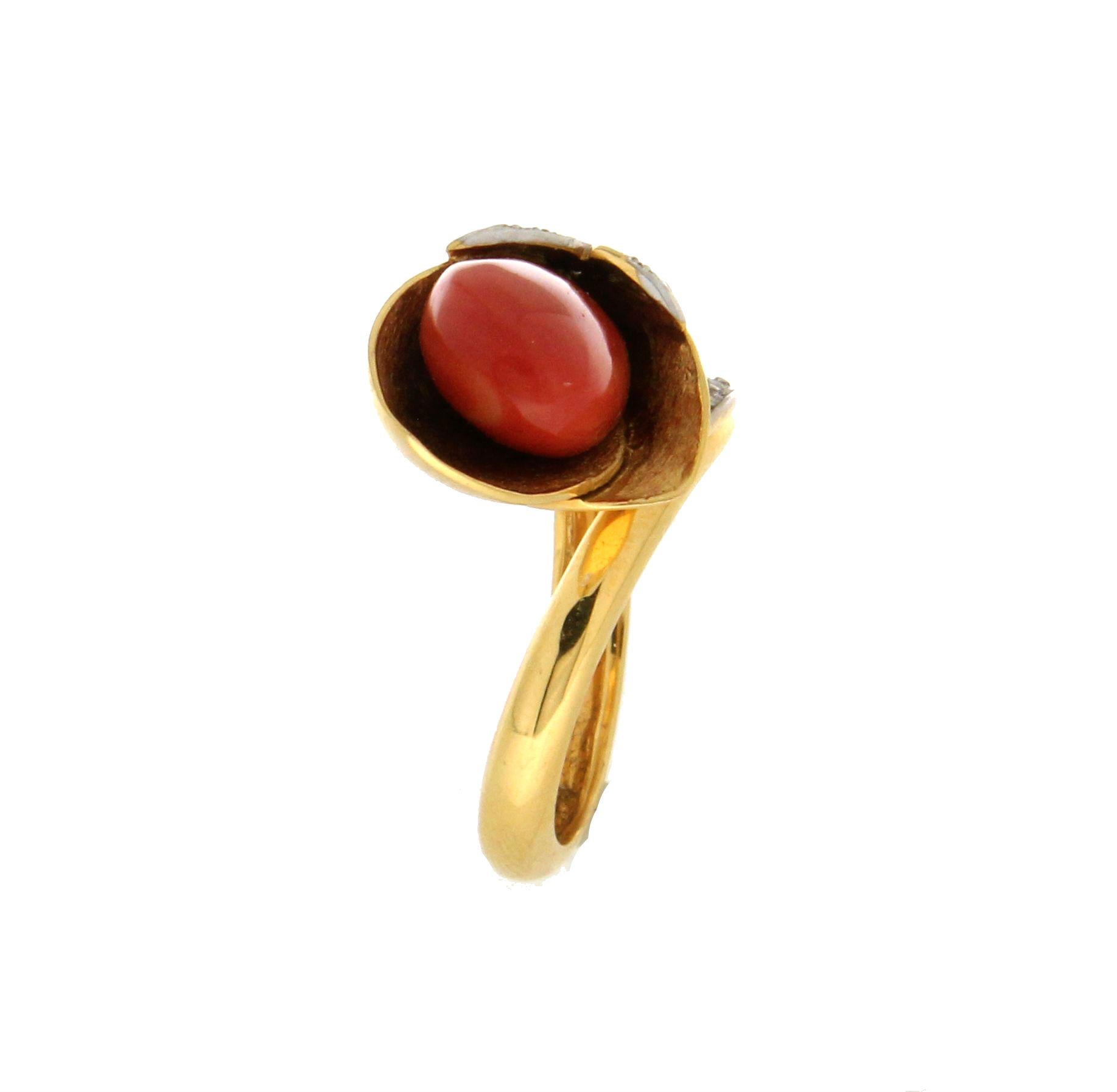 Artisan Handcraft Coral 18 Karat Yellow and White Gold Diamonds Cocktail Ring For Sale