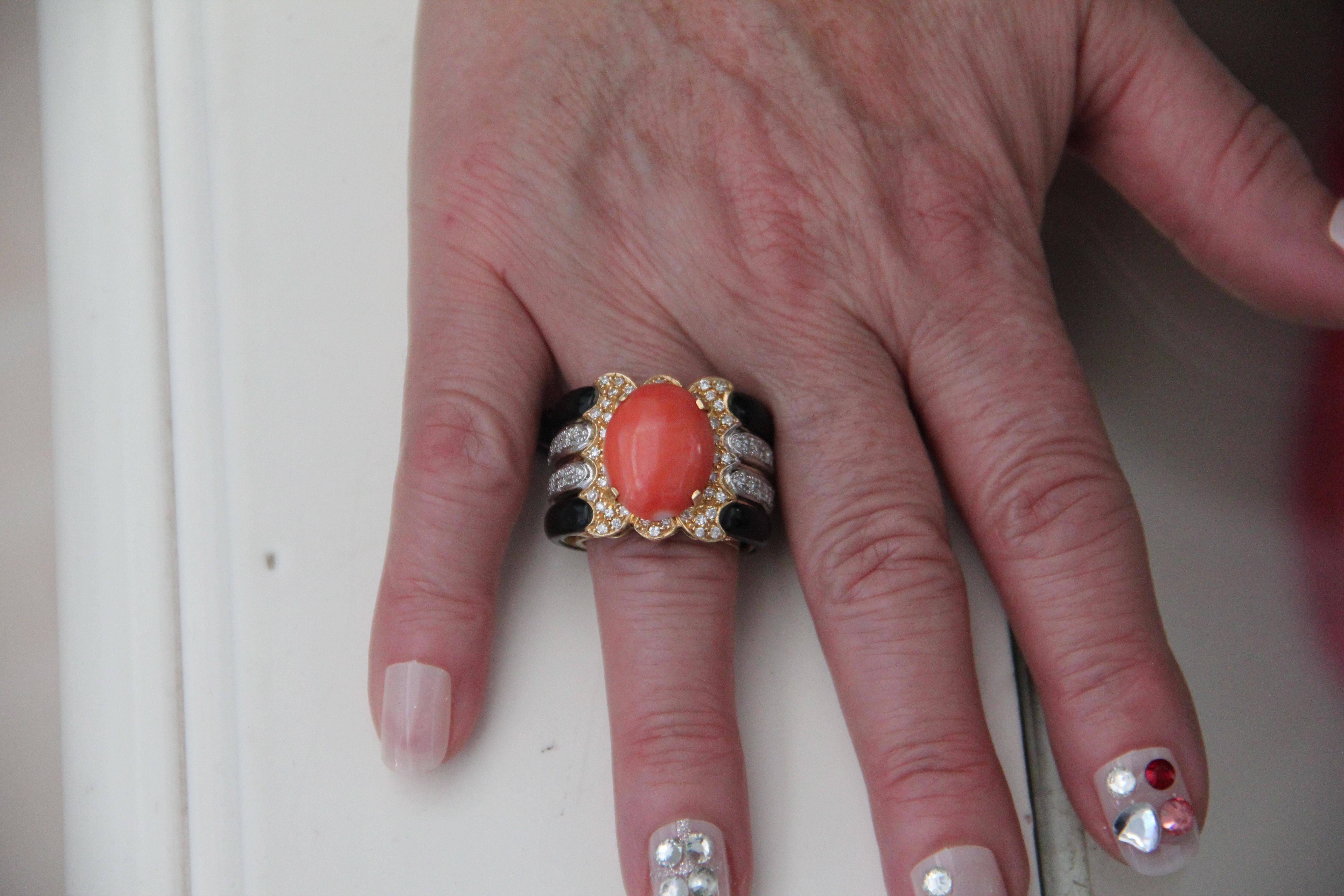 Handcraft Coral 18 Karat Yellow and White Gold Onyx Diamonds Cocktail Ring For Sale 5