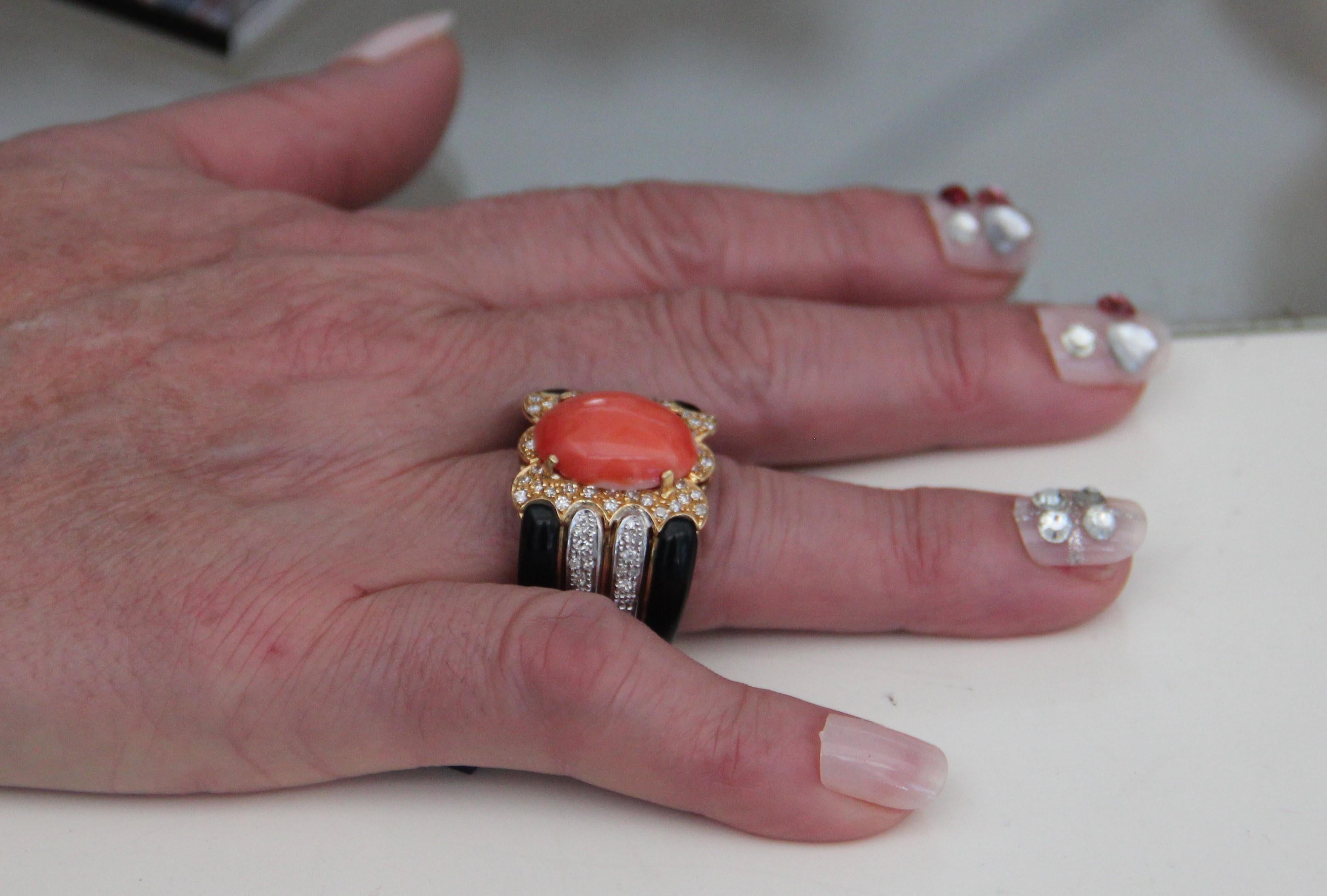 Handcraft Coral 18 Karat Yellow and White Gold Onyx Diamonds Cocktail Ring For Sale 8