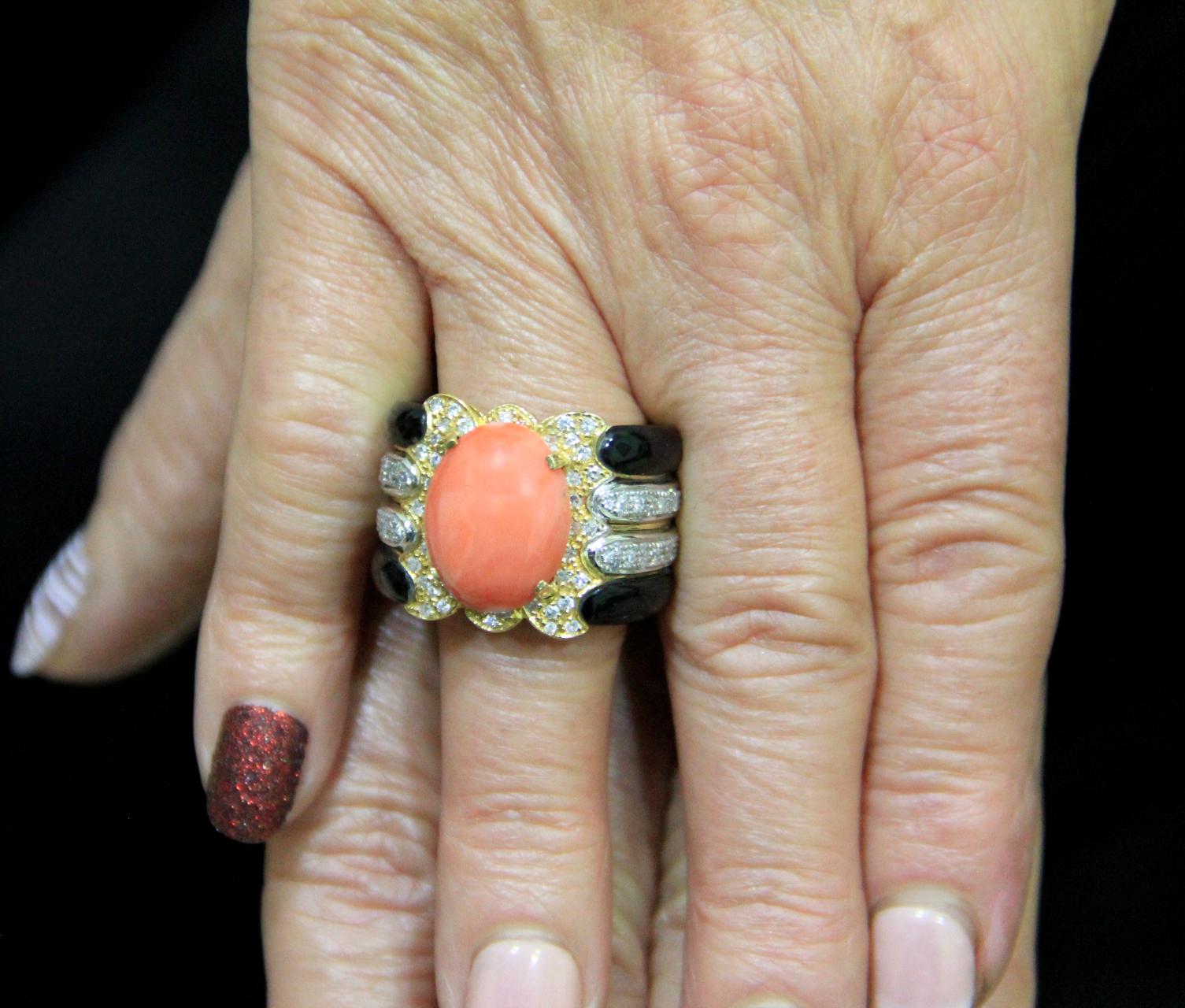 Handcraft Coral 18 Karat Yellow and White Gold Onyx Diamonds Cocktail Ring For Sale 10
