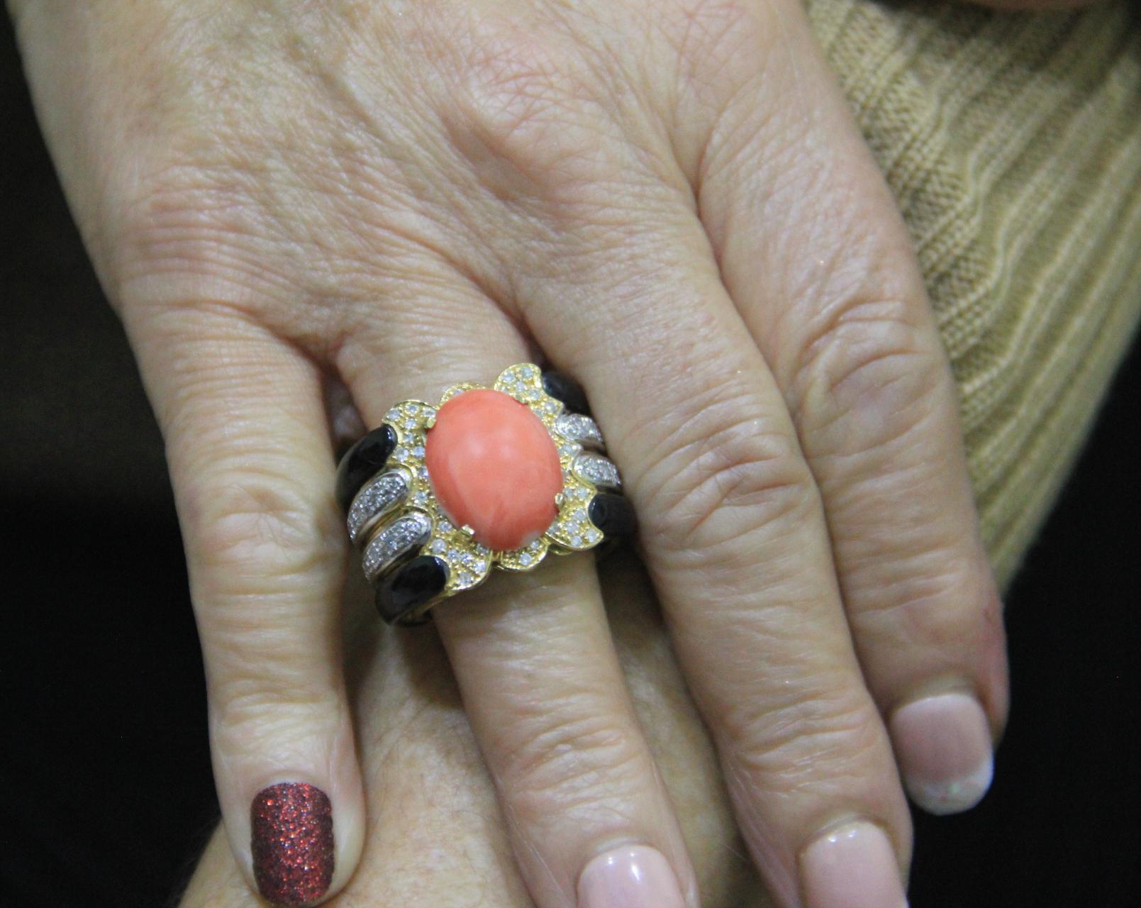 Handcraft Coral 18 Karat Yellow and White Gold Onyx Diamonds Cocktail Ring For Sale 11
