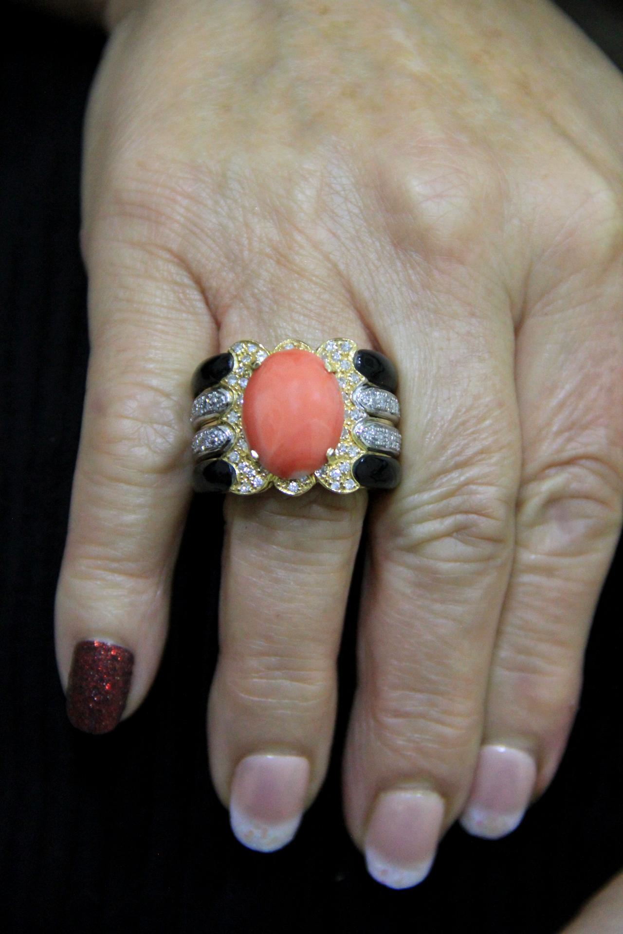 Handcraft Coral 18 Karat Yellow and White Gold Onyx Diamonds Cocktail Ring For Sale 12