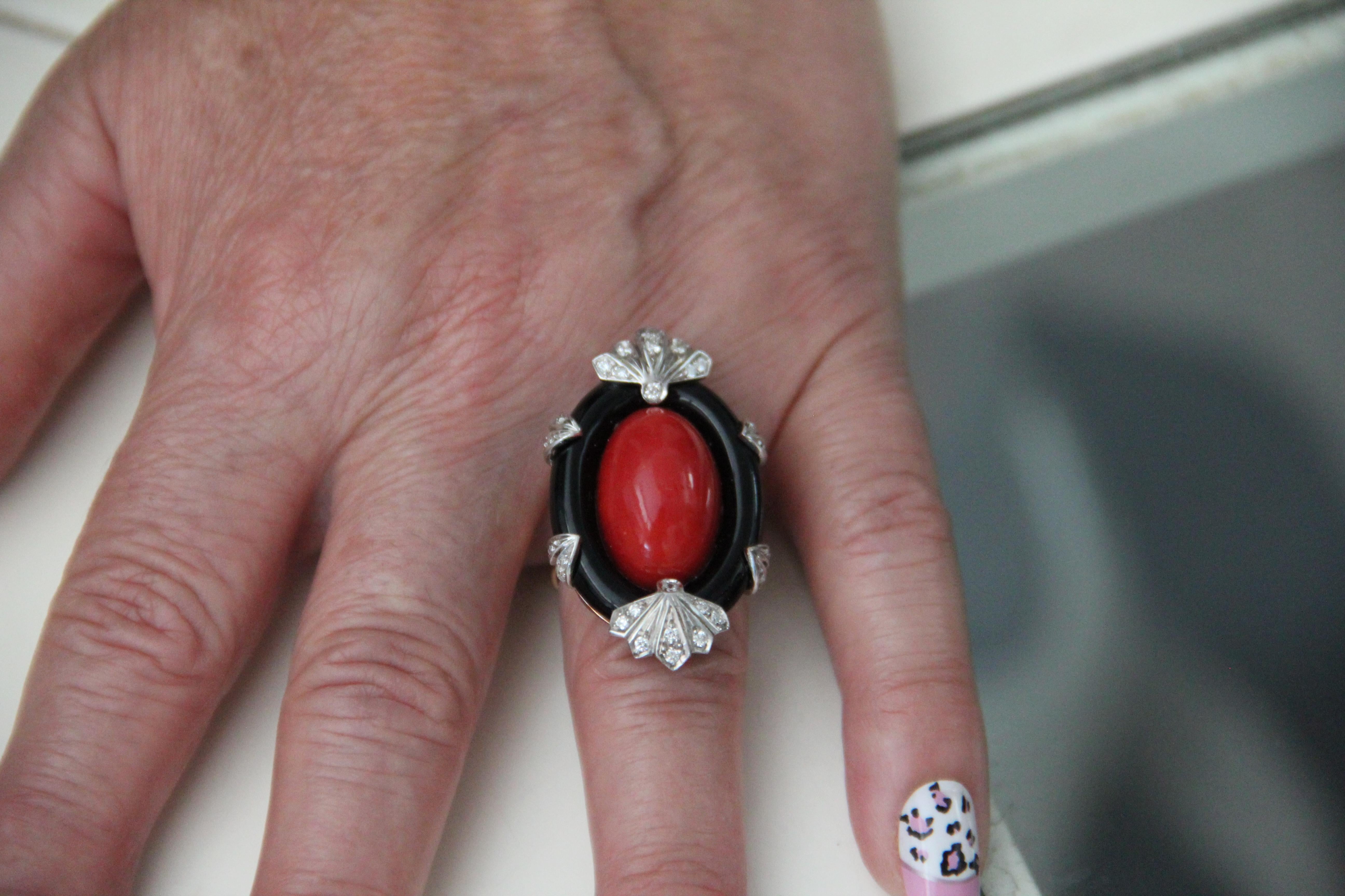 Handcraft Coral 18 Karat Yellow and White Gold Onyx Diamonds Cocktail Ring For Sale 13