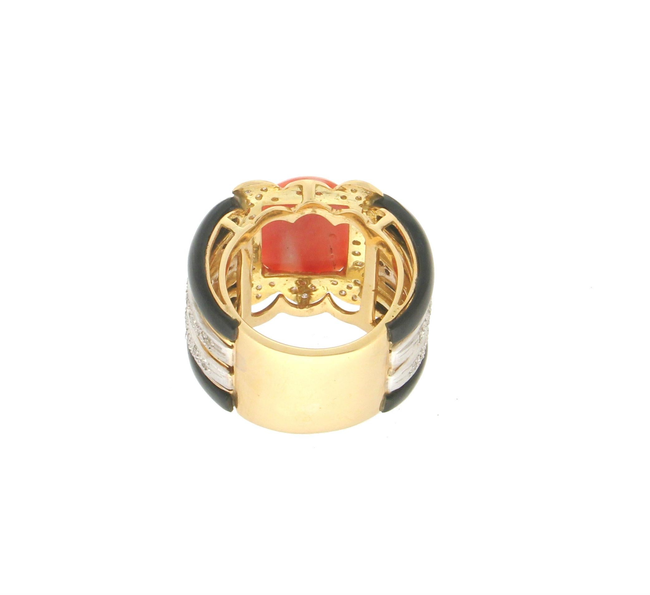 Mixed Cut Handcraft Coral 18 Karat Yellow and White Gold Onyx Diamonds Cocktail Ring For Sale