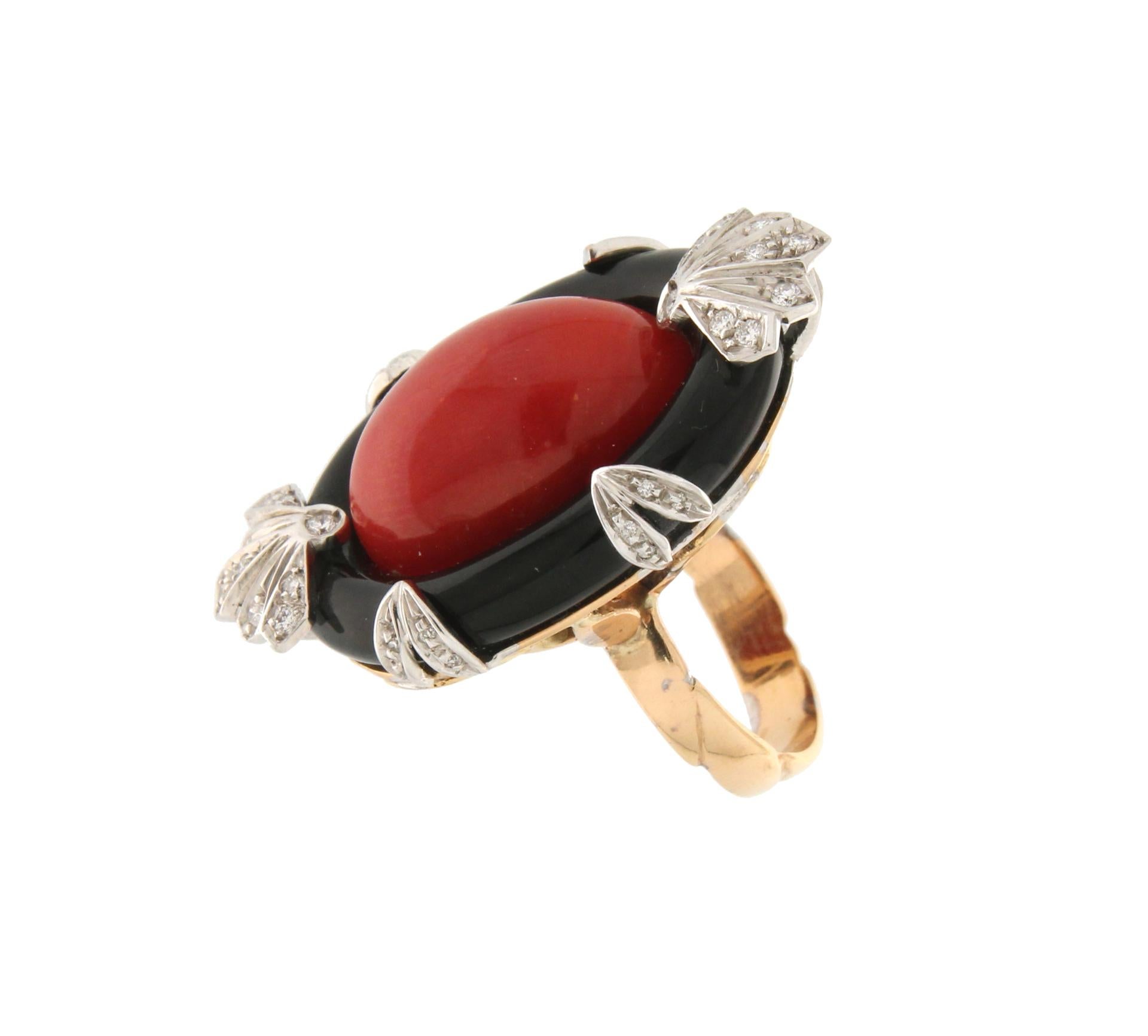 Artisan Handcraft Coral 18 Karat Yellow and White Gold Onyx Diamonds Cocktail Ring For Sale