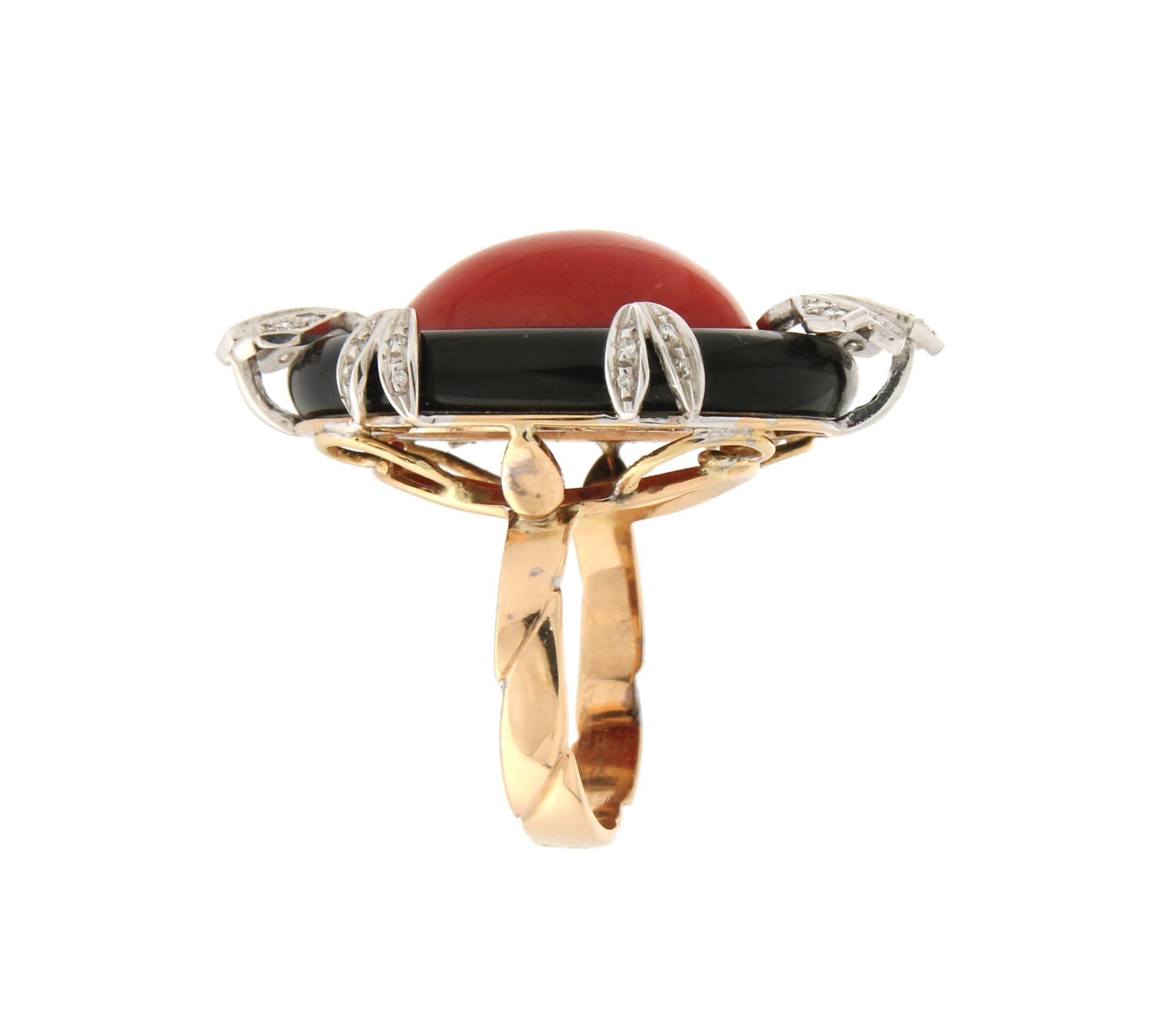 Brilliant Cut Handcraft Coral 18 Karat Yellow and White Gold Onyx Diamonds Cocktail Ring For Sale