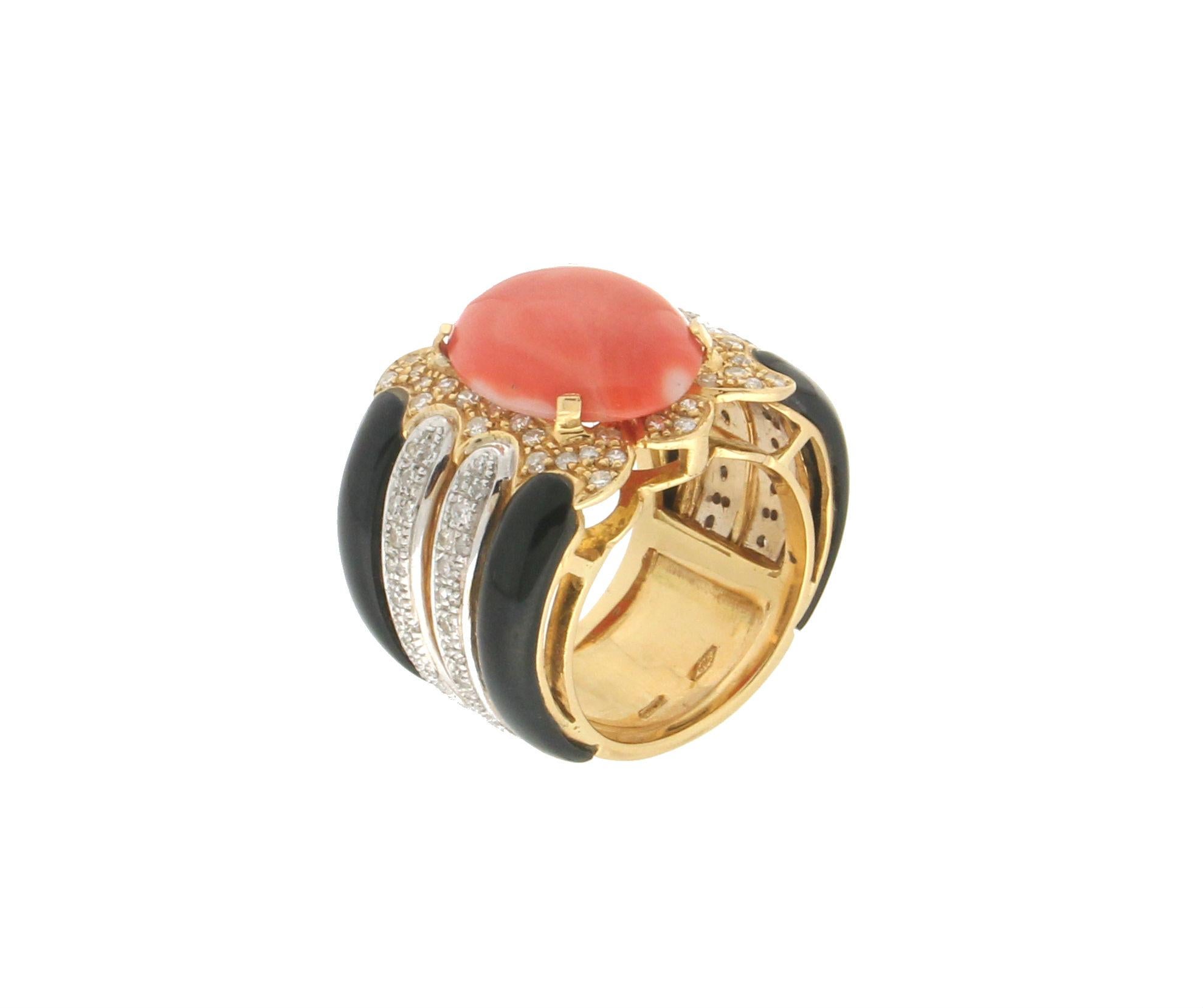 Women's or Men's Handcraft Coral 18 Karat Yellow and White Gold Onyx Diamonds Cocktail Ring For Sale