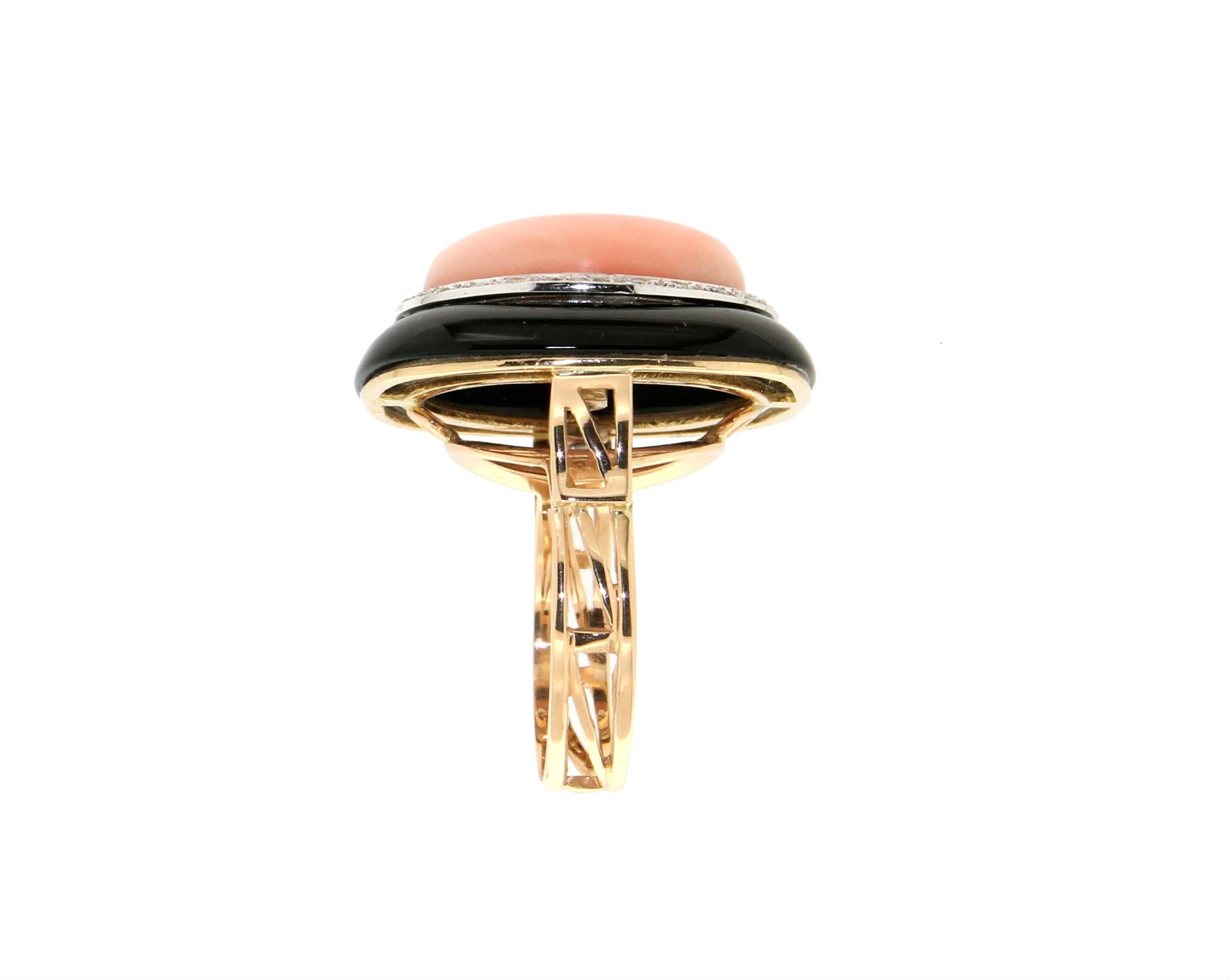 Women's Handcraft Coral 18 Karat Yellow and White Gold Onyx Diamonds Cocktail Ring