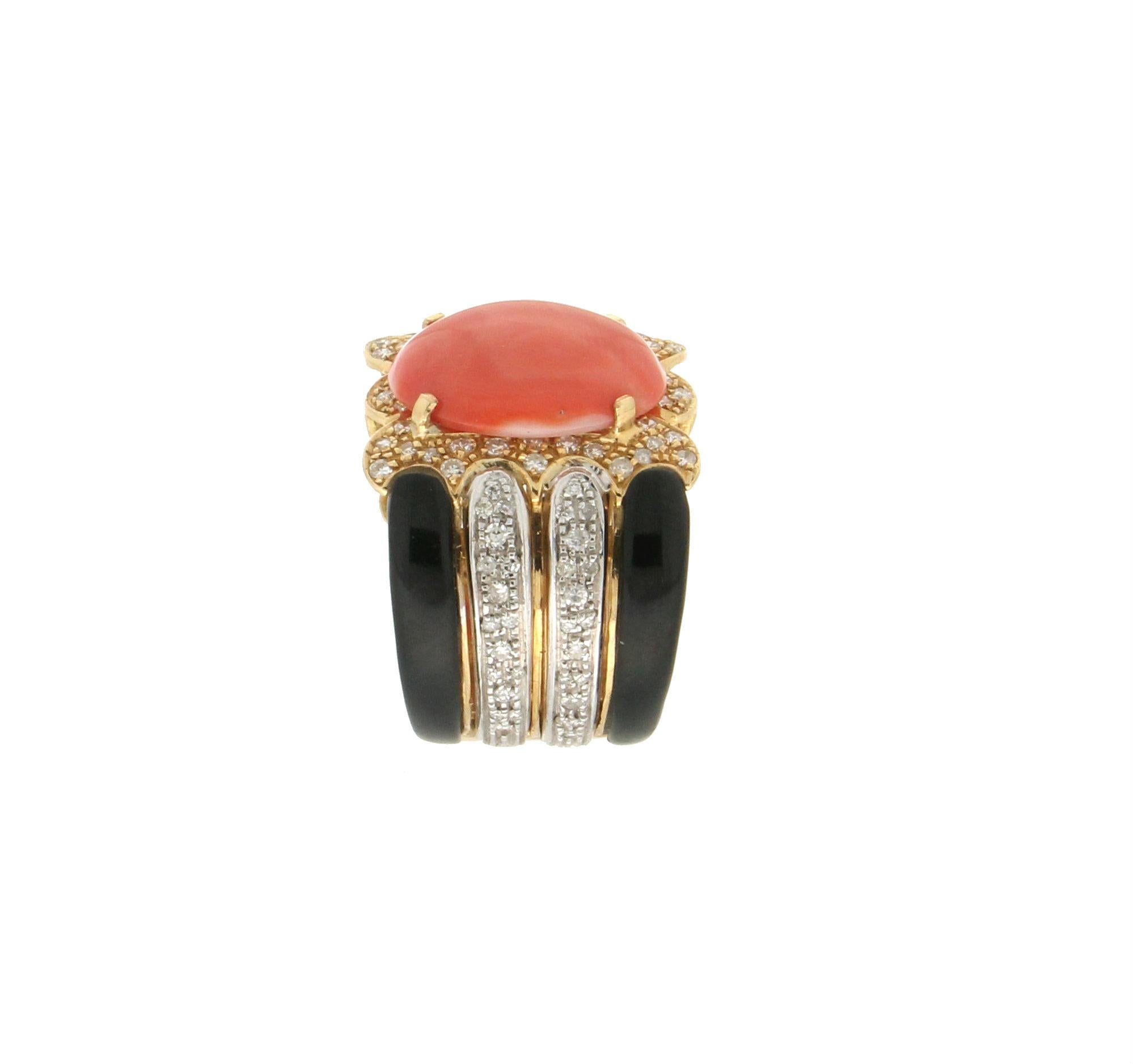 Handcraft Coral 18 Karat Yellow and White Gold Onyx Diamonds Cocktail Ring For Sale 1