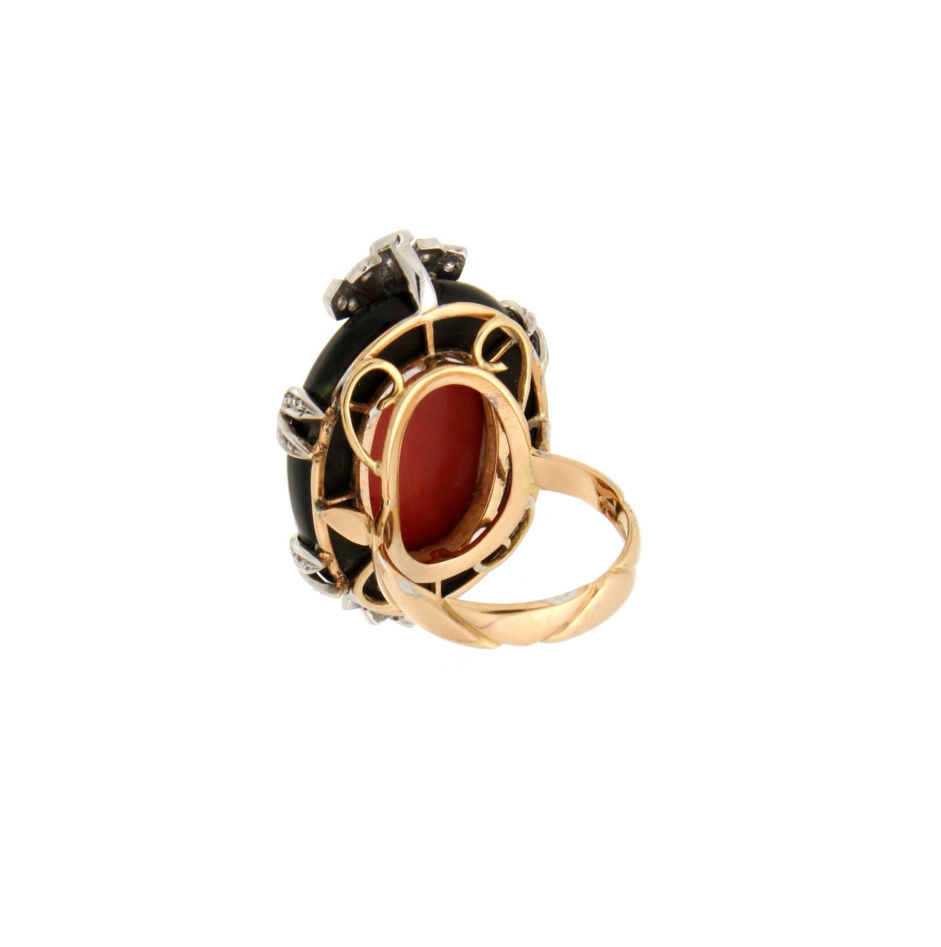 Women's or Men's Handcraft Coral 18 Karat Yellow and White Gold Onyx Diamonds Cocktail Ring For Sale