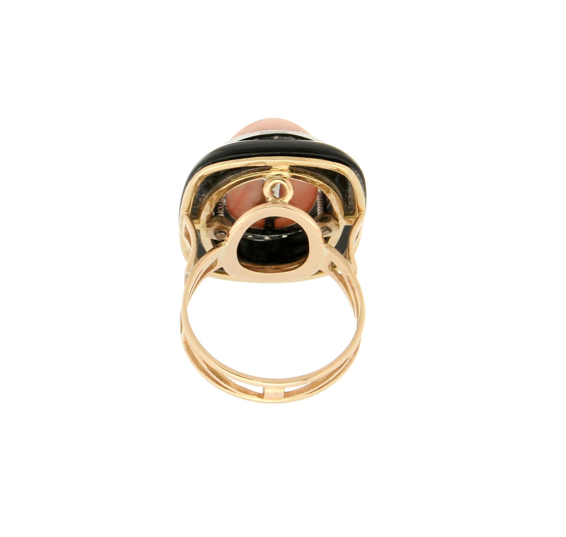 Handcraft Coral 18 Karat Yellow and White Gold Onyx Diamonds Cocktail Ring For Sale 1